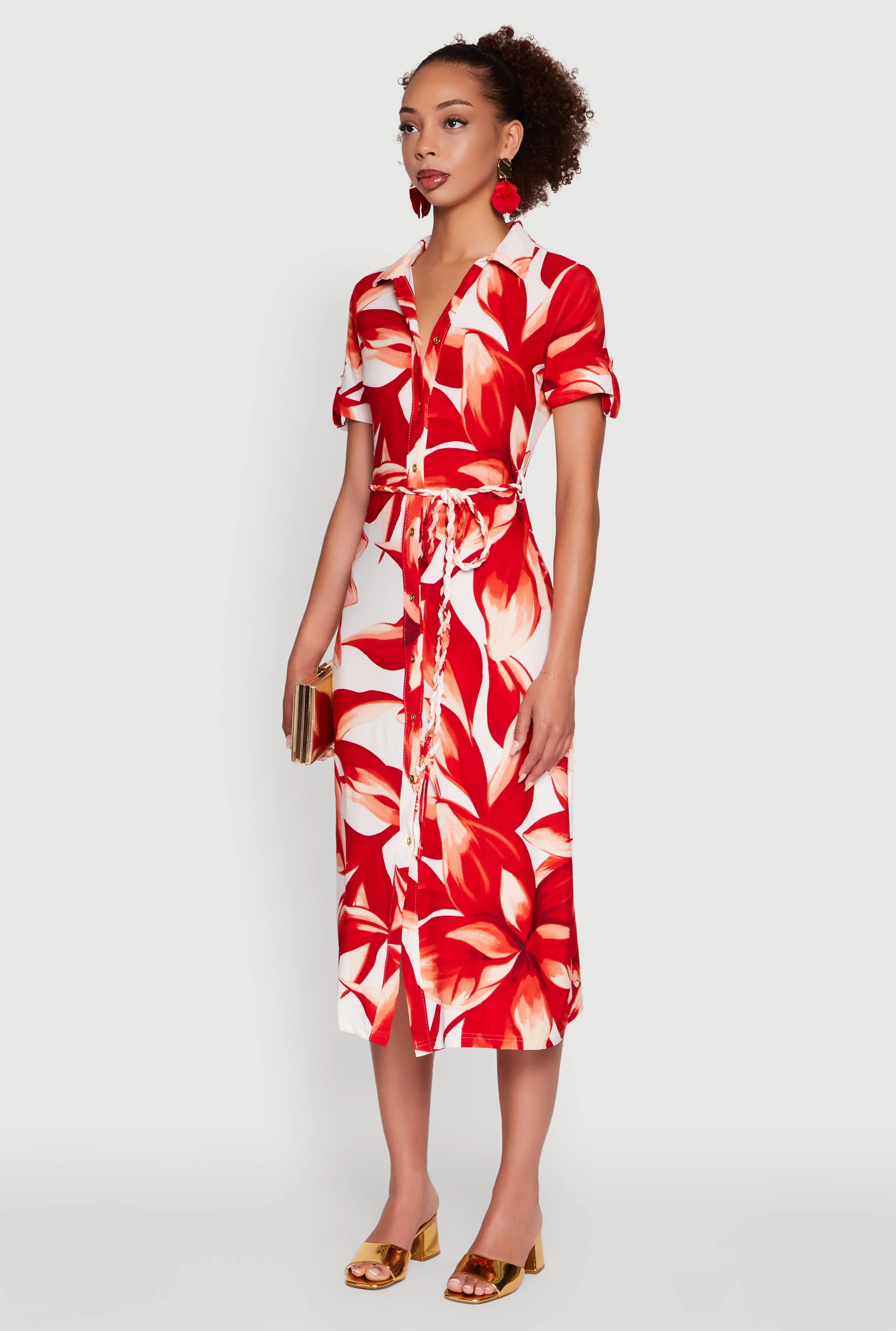 Leaf Print Button Front Shirt Dress with Tie Waist Belt sold by Rainbow product image thumbnail 3