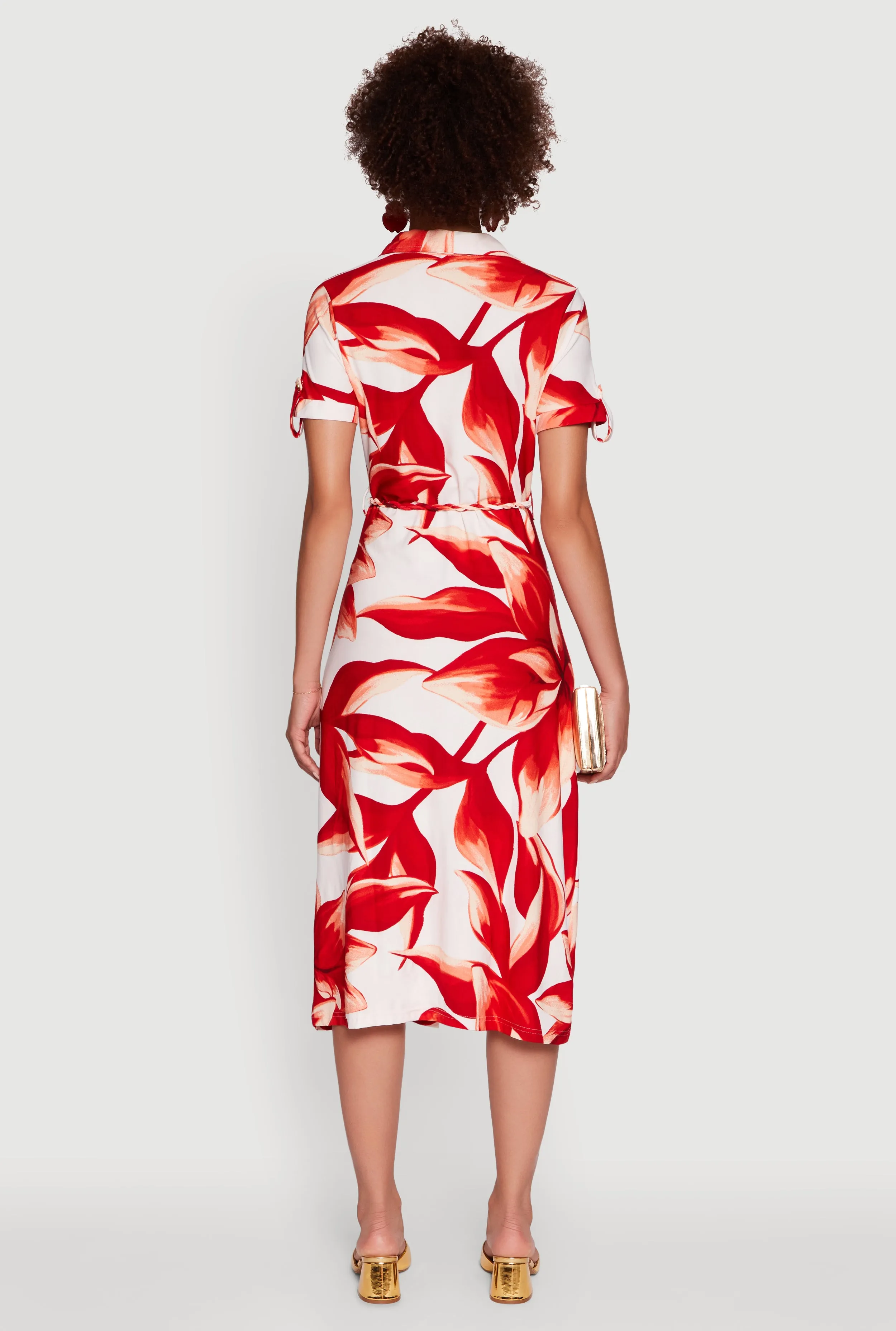 Leaf Print Button Front Shirt Dress with Tie Waist Belt sold by Rainbow product image thumbnail 5