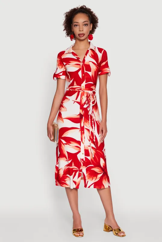 Leaf Print Button Front Shirt Dress with Tie Waist Belt sold by Rainbow
