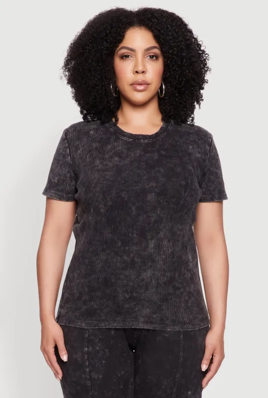 Plus Size Rib Knit Acid Wash Crew Neck Tee sold by Rainbow