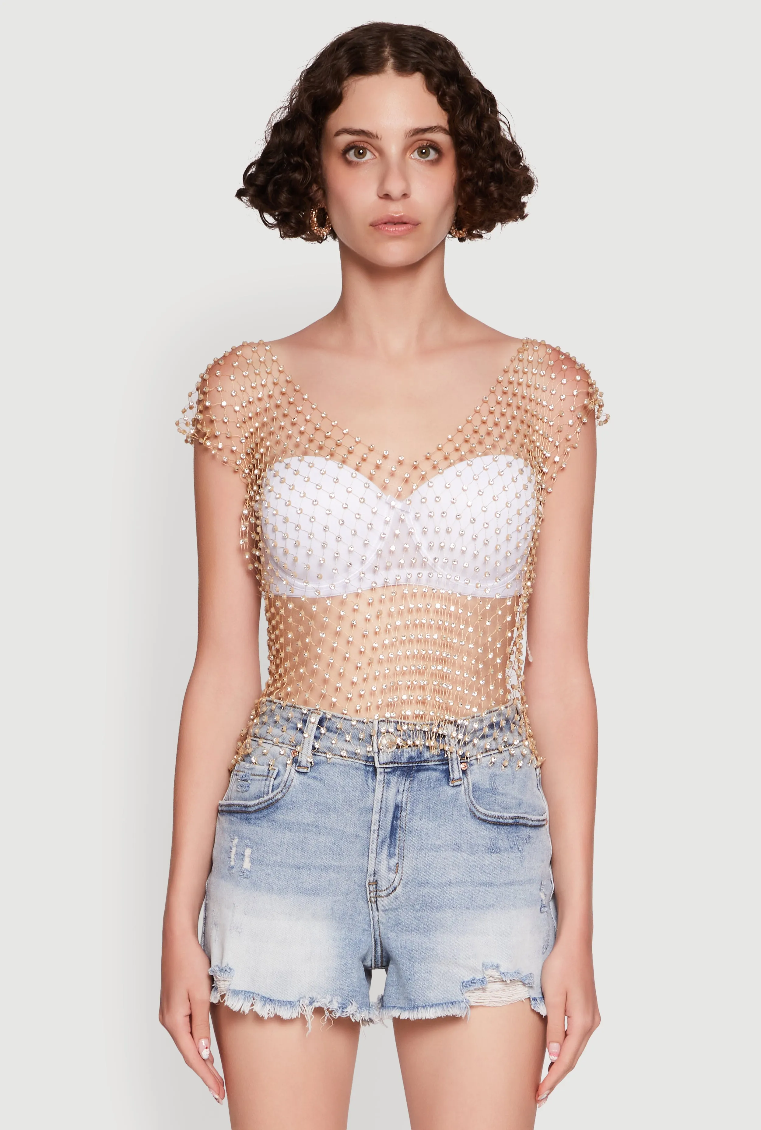 Trendy Rhinestone Fishnet V Neck Crop Top sold by Rainbow product image thumbnail 2