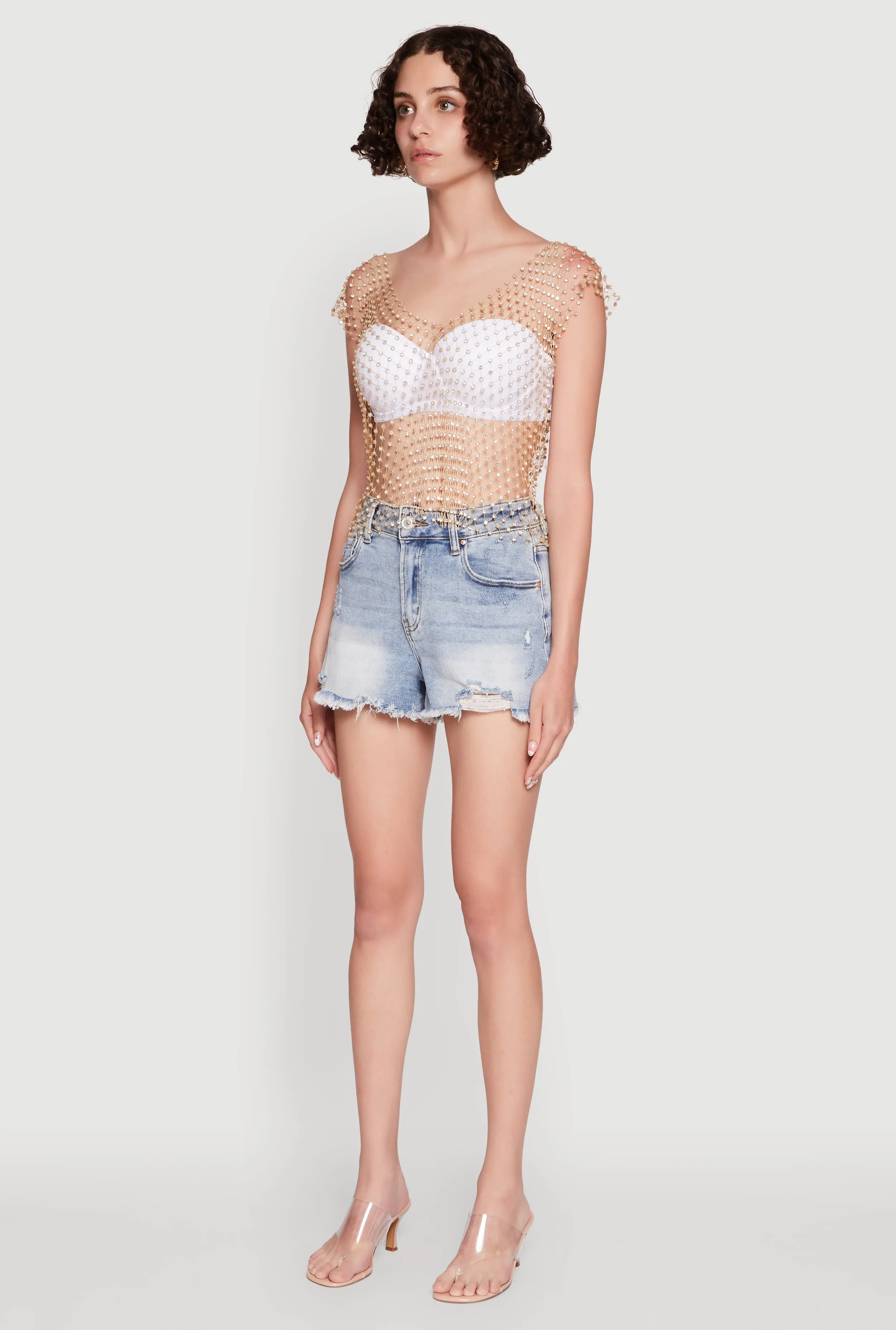 Trendy Rhinestone Fishnet V Neck Crop Top sold by Rainbow product image thumbnail 5