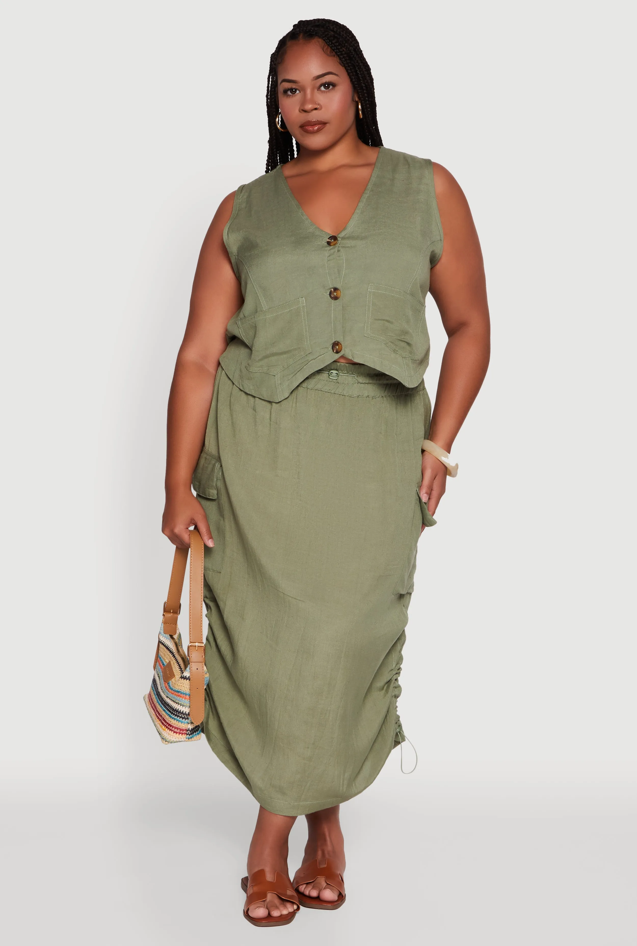 Plus Size High Waisted Toggle Drawstring Hem Linen Skirt with Ruching sold by Rainbow