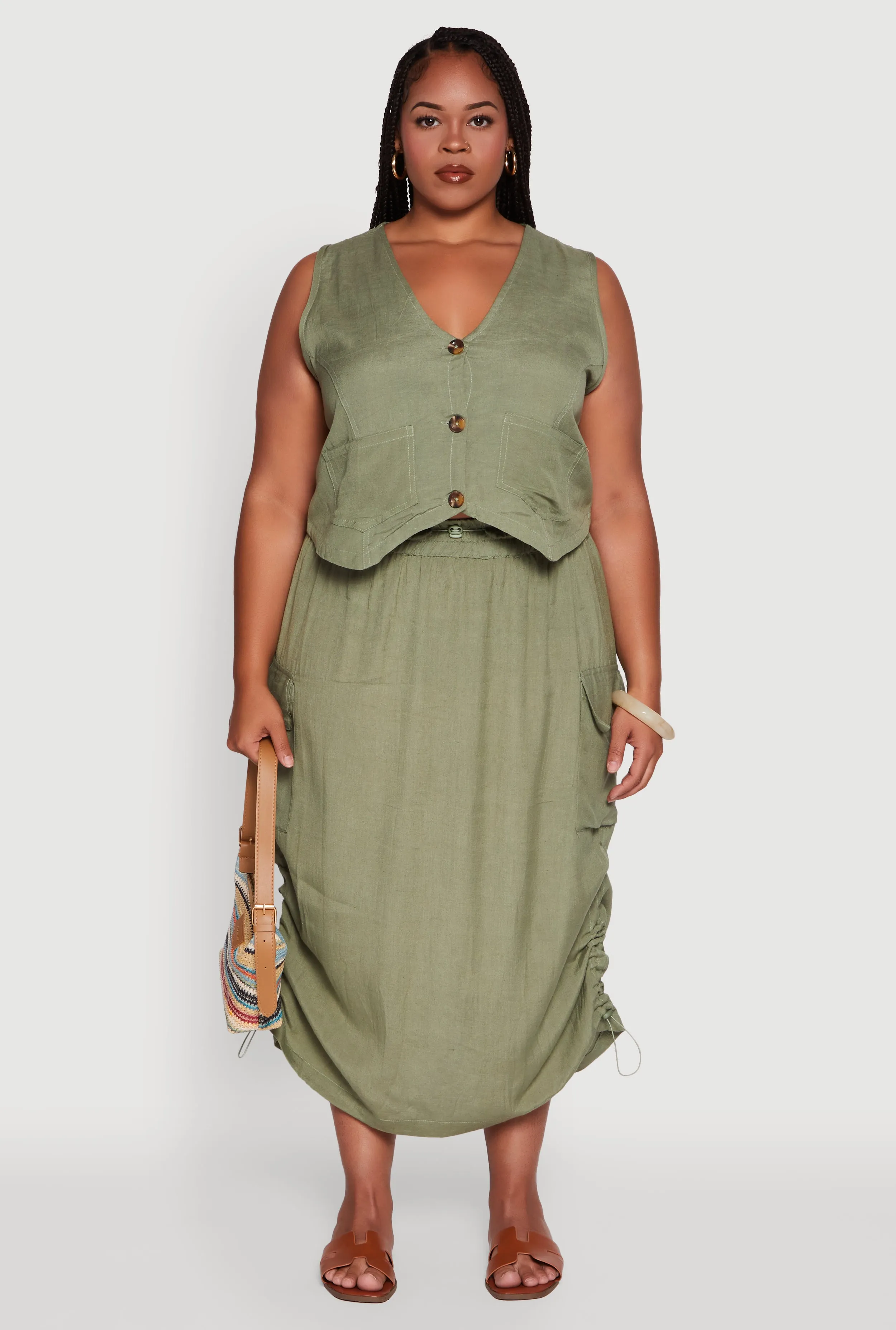 Plus Size High Waisted Toggle Drawstring Hem Linen Skirt with Ruching sold by Rainbow product image thumbnail 2