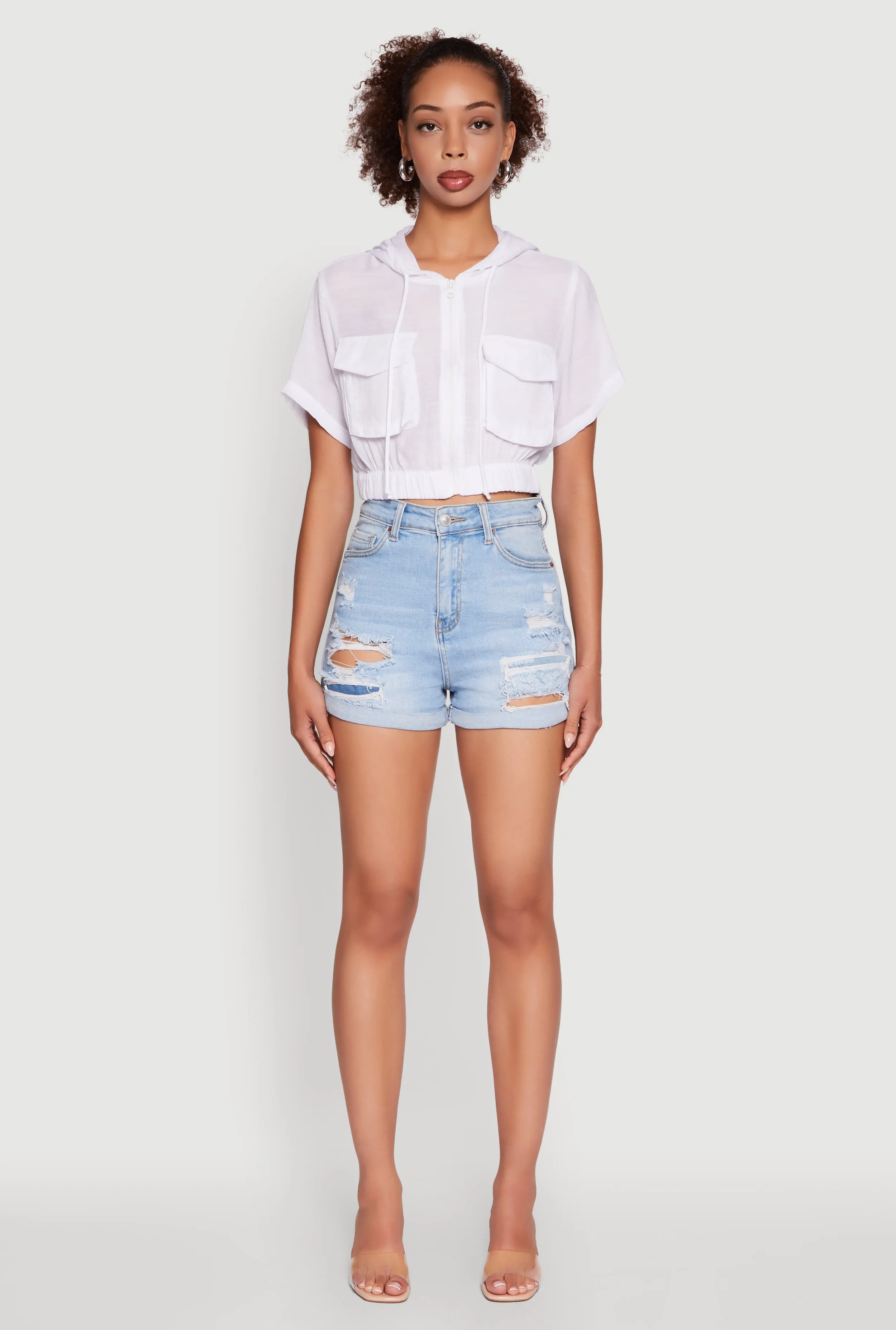 Trendy Cargo Pocket Zip Front Cropped Hoodie sold by Rainbow product image thumbnail 3