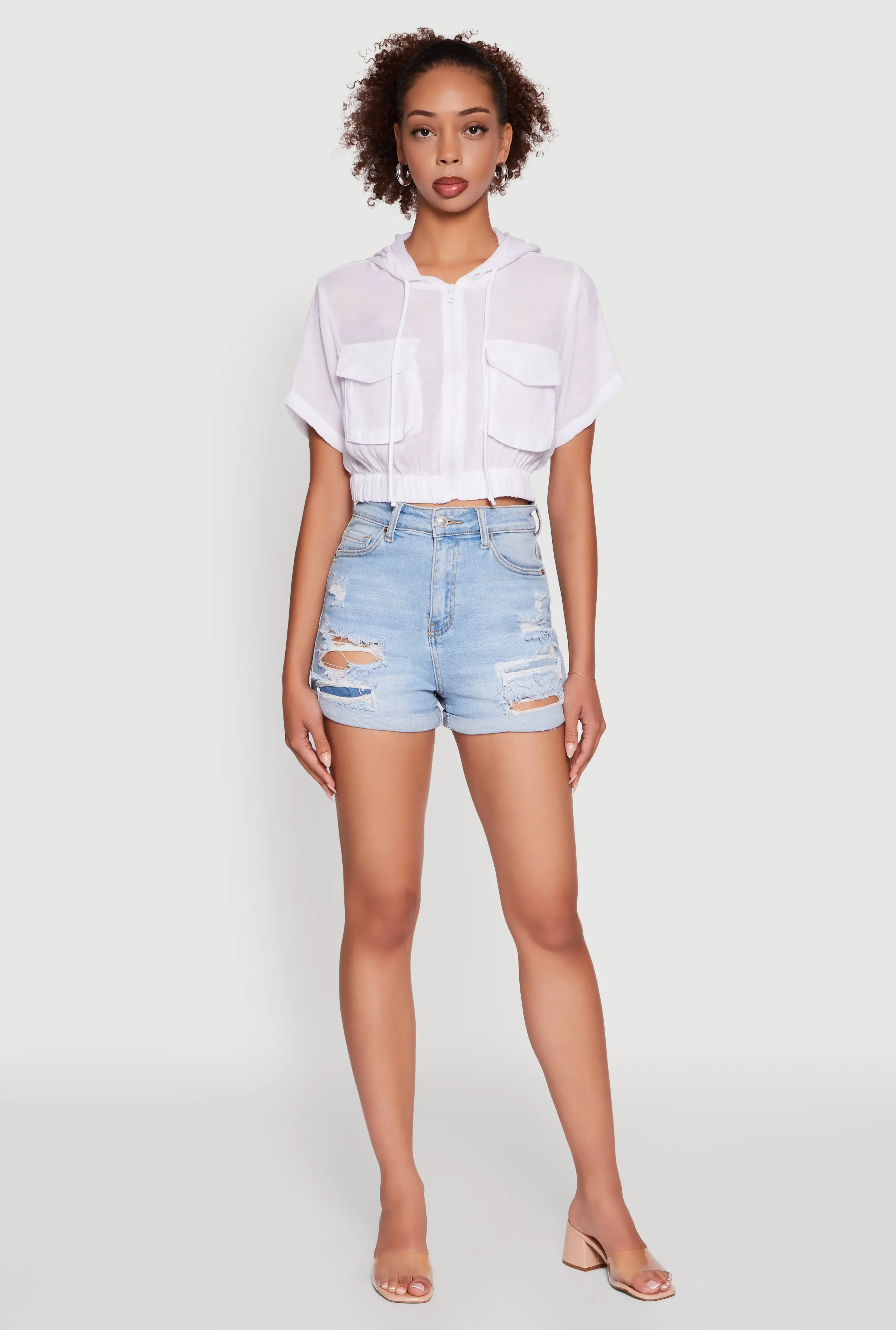 Trendy Cargo Pocket Zip Front Cropped Hoodie sold by Rainbow