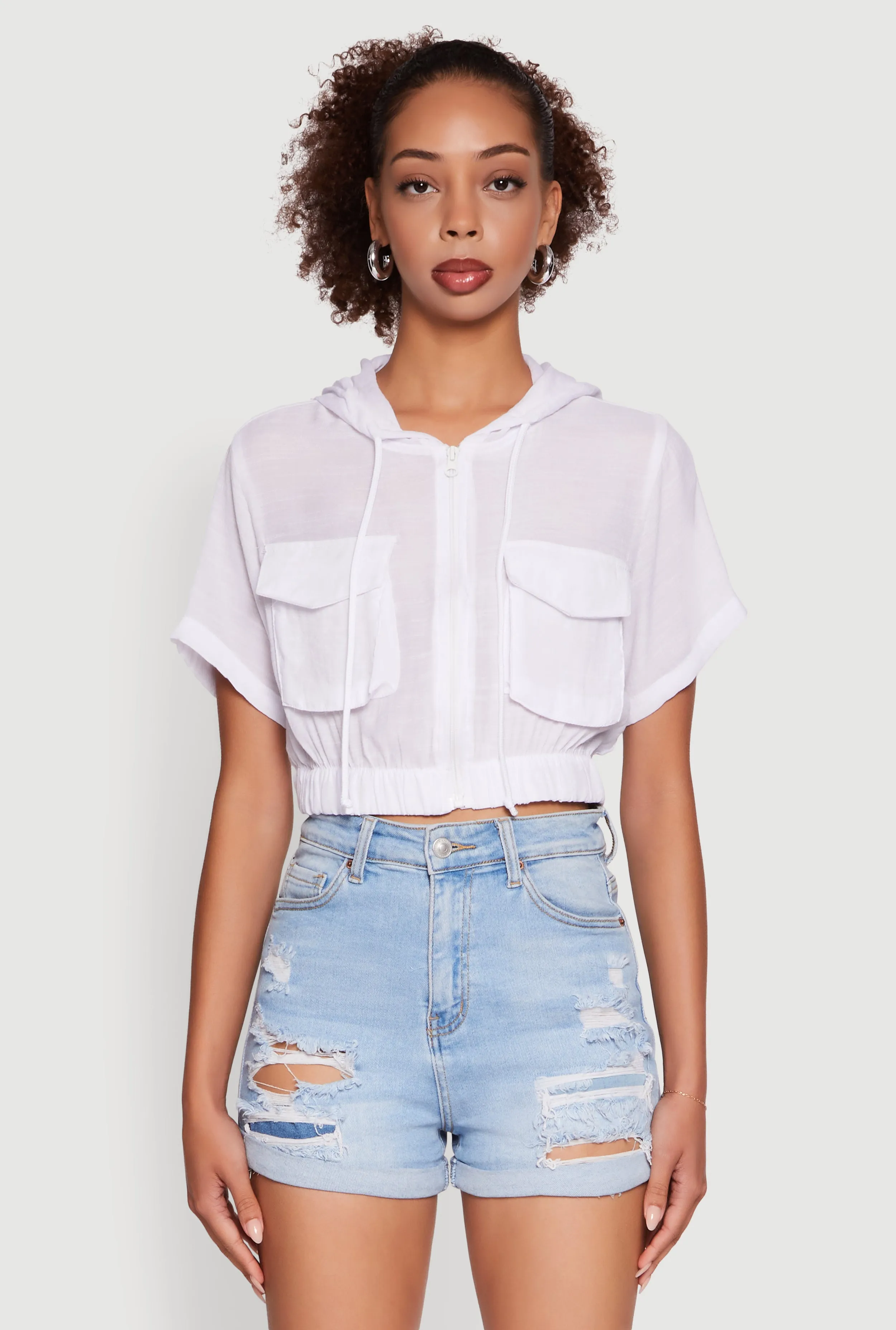 Trendy Cargo Pocket Zip Front Cropped Hoodie sold by Rainbow product image thumbnail 2