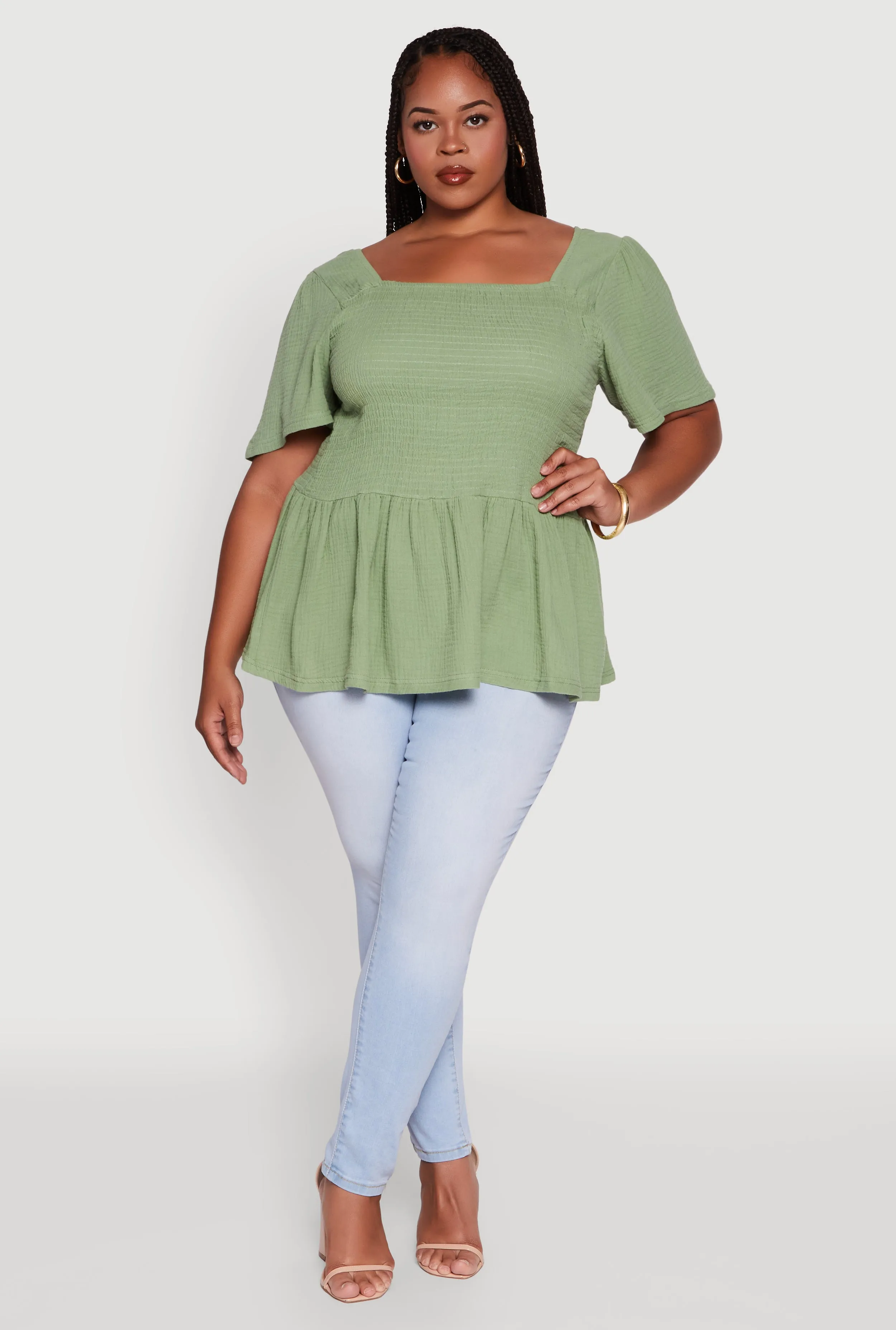 Plus Size Smocked Square Neck Peplum Top sold by Rainbow