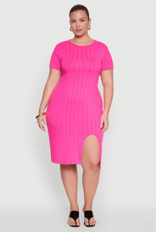 Plus Size Ribbed Knit Crew Neck Midi Dress with Side Slit sold by Rainbow