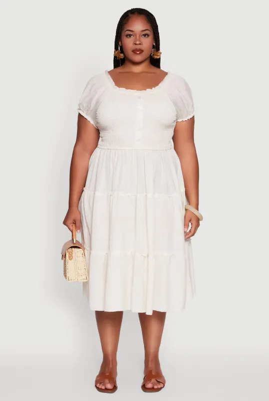 Plus Size Linen Smocked Tiered Sundress sold by Rainbow