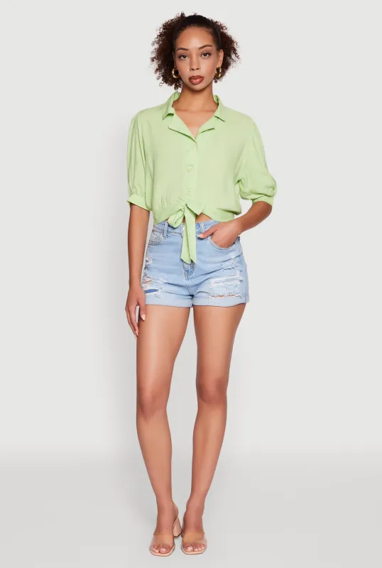 Tie Front Bubble Sleeve Cropped Blouse sold by Rainbow