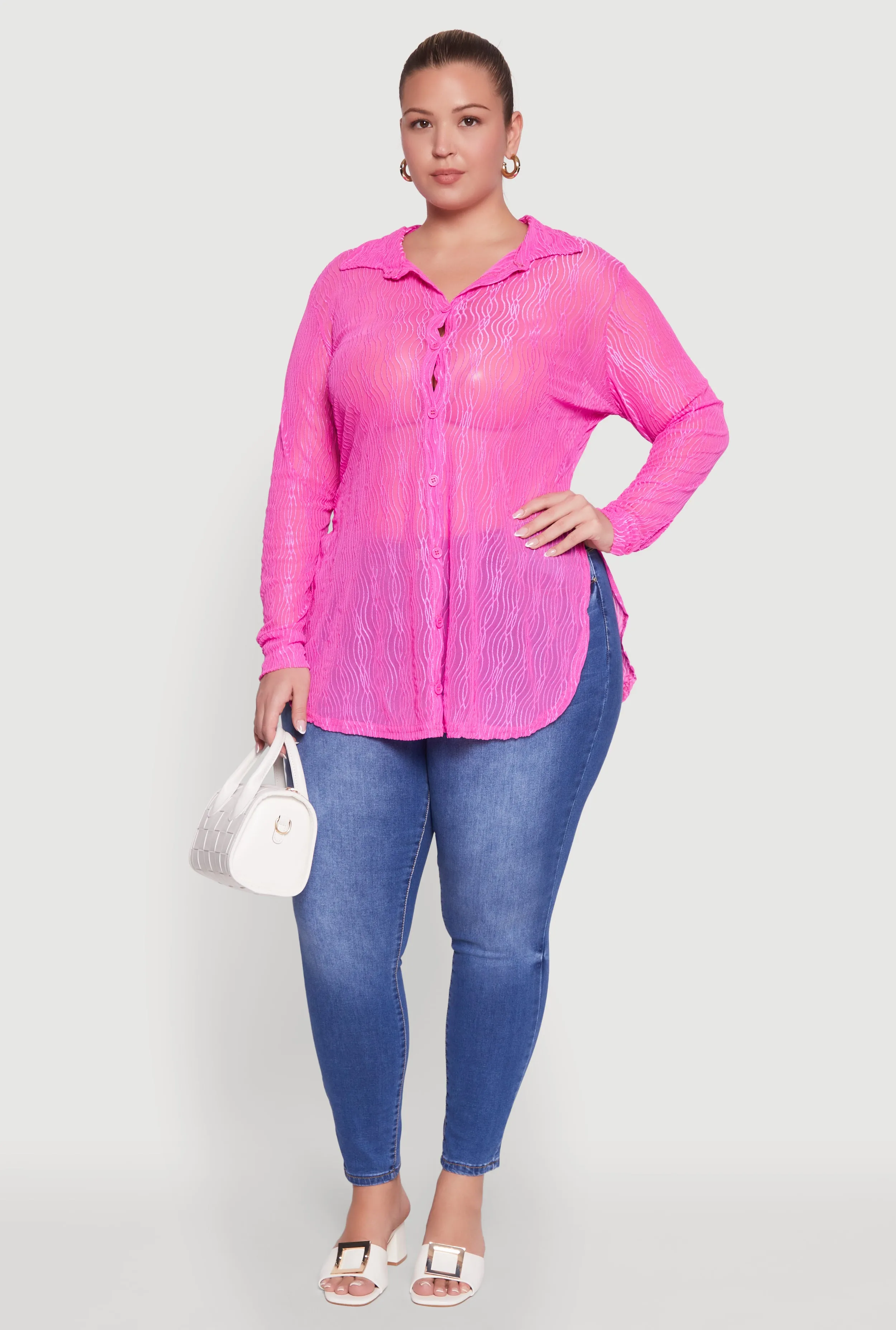 Plus Size Sheer Classic Fit Long Sleeve Tunic Shirt sold by Rainbow