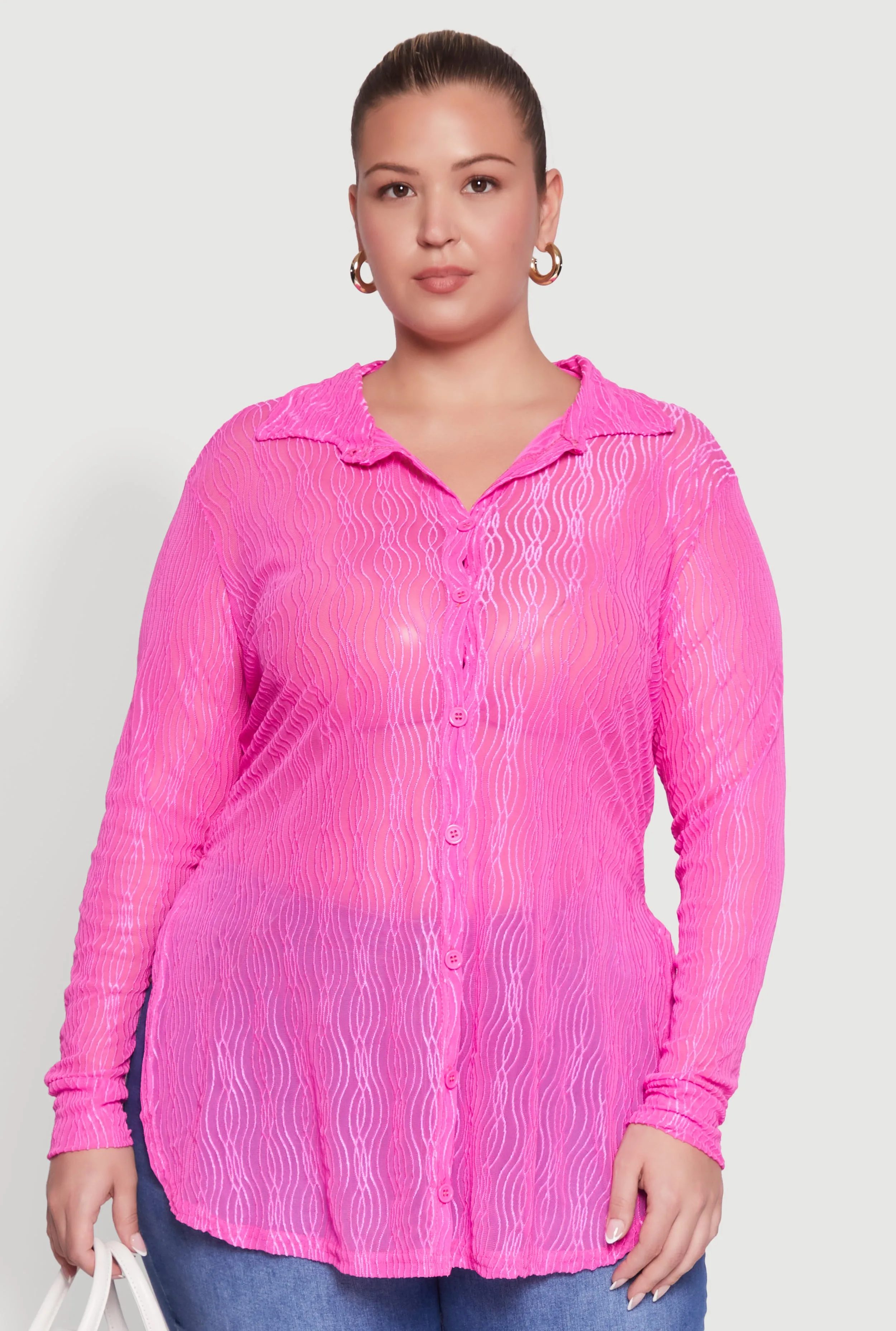 Plus Size Sheer Classic Fit Long Sleeve Tunic Shirt sold by Rainbow product image thumbnail 2