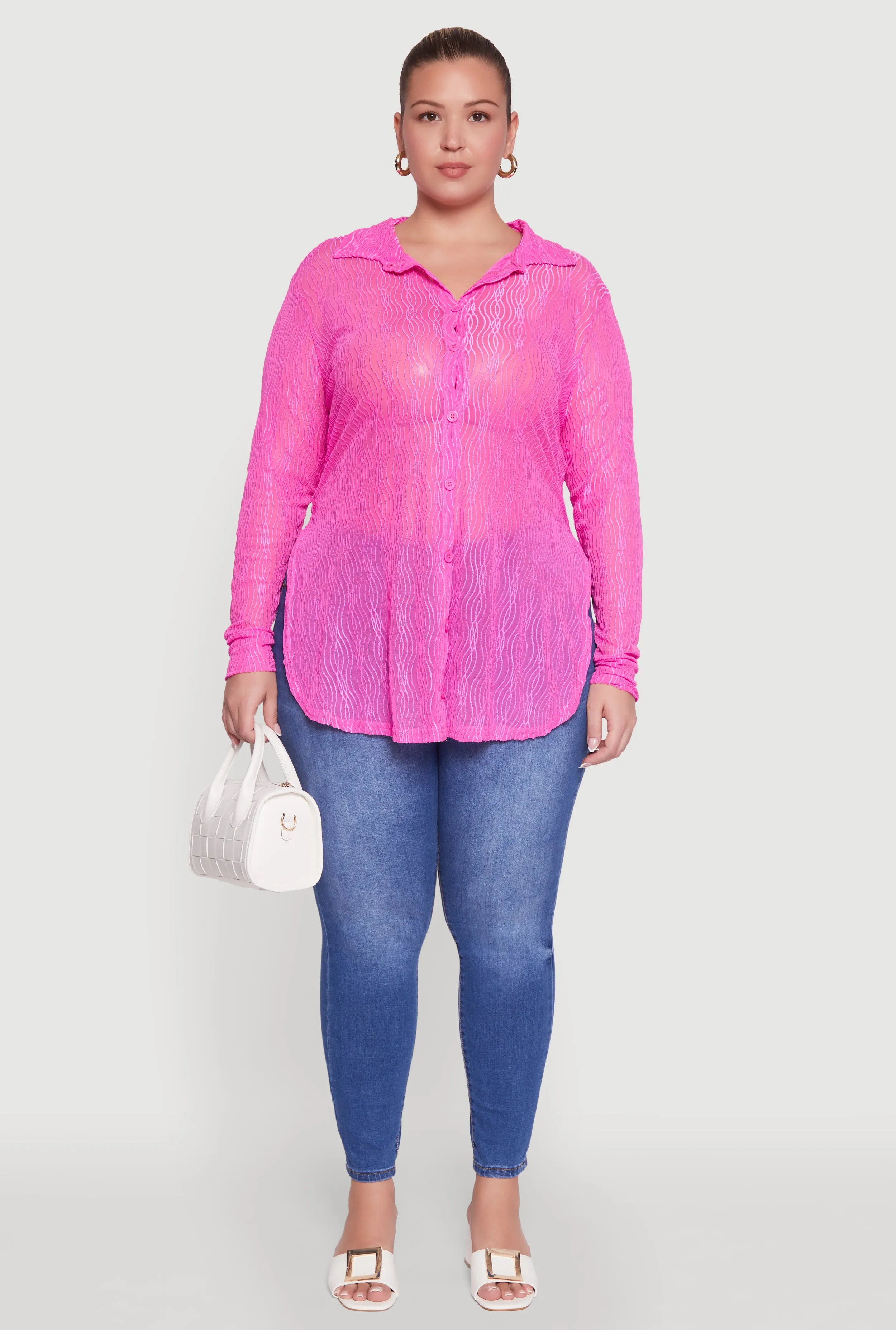 Plus Size Sheer Classic Fit Long Sleeve Tunic Shirt sold by Rainbow product image thumbnail 3