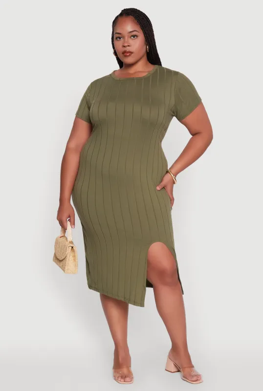 Plus Size Ribbed Knit Crew Neck Midi Dress with Side Slit sold by Rainbow