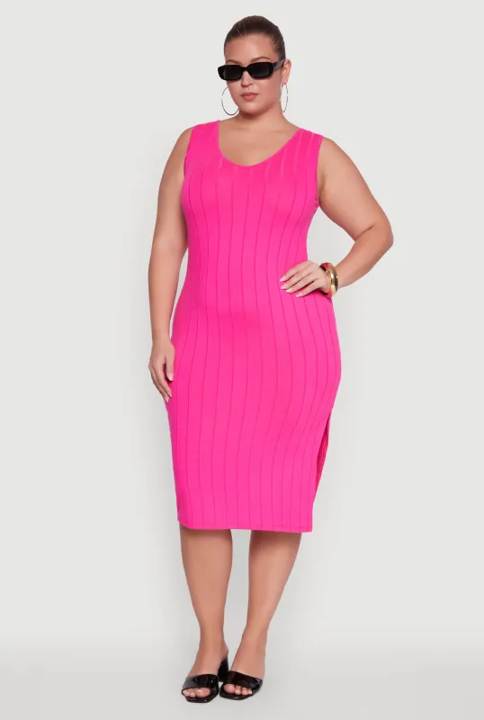 Plus Size Ribbed Knit Scoop Neck Sleeveless Midi Dress sold by Rainbow