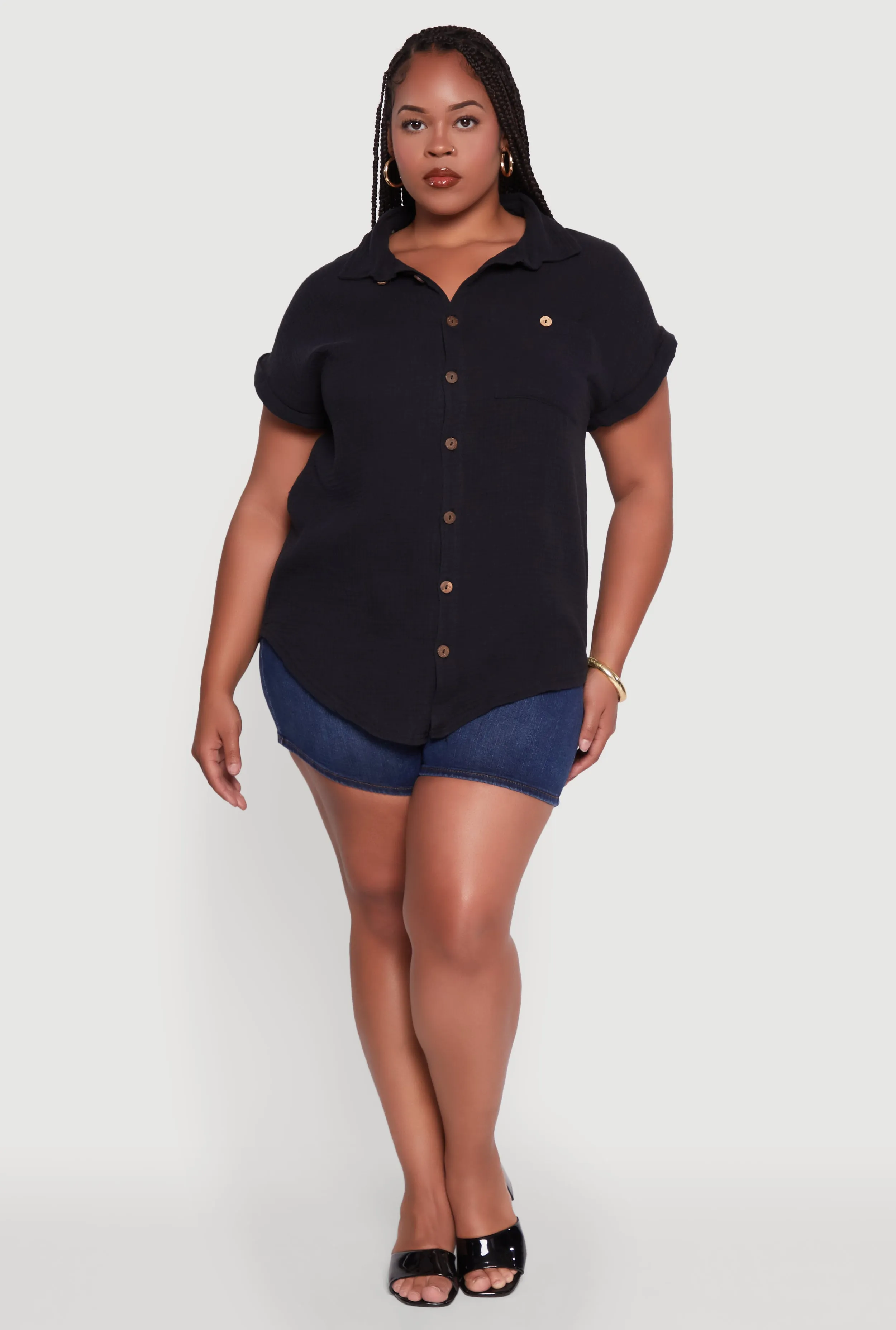 Plus Size Dolman Sleeve Classic Button Front Shirt sold by Rainbow