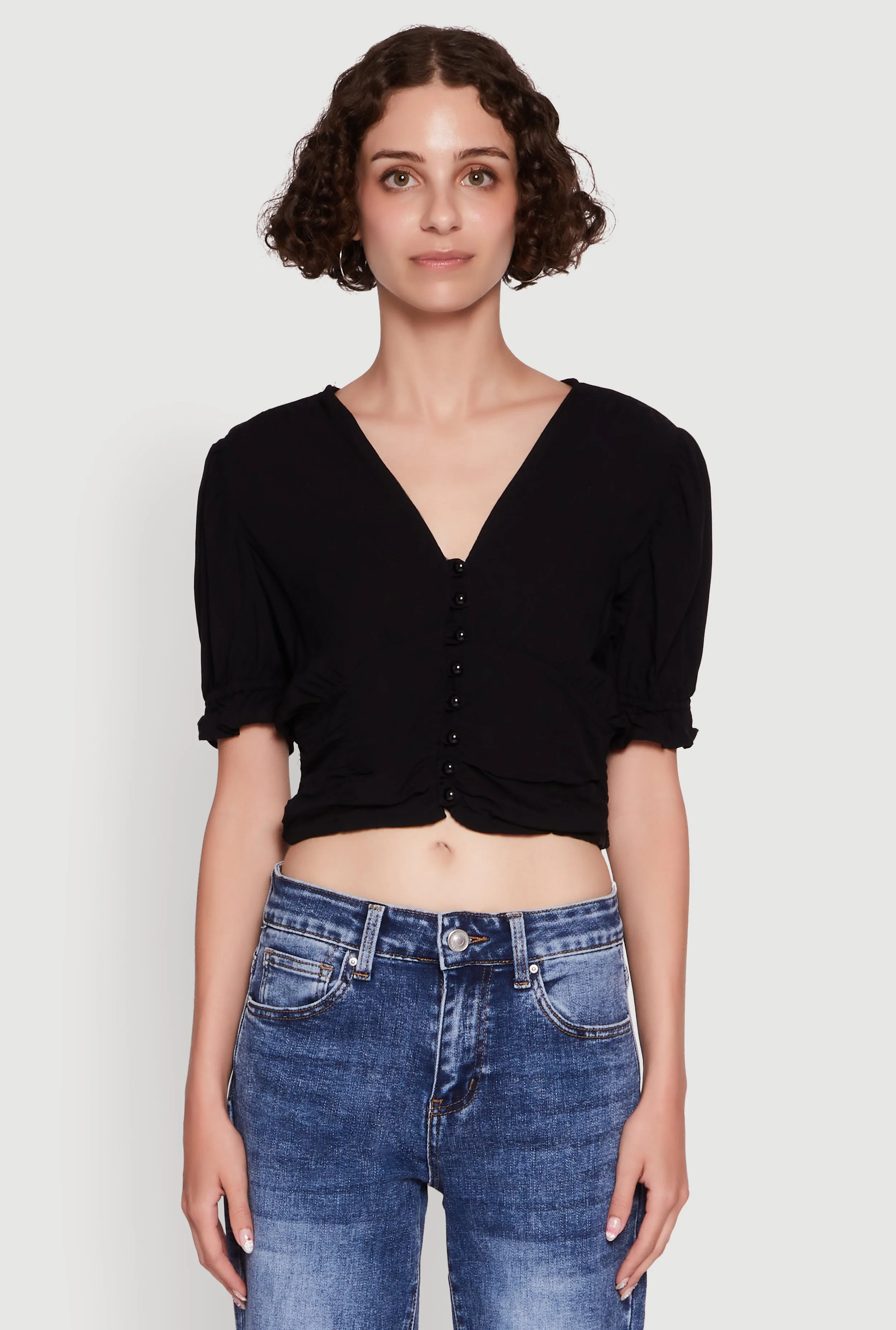 Trendy Puff Sleeve Button Front Peasant Crop Top sold by Rainbow product image thumbnail 2