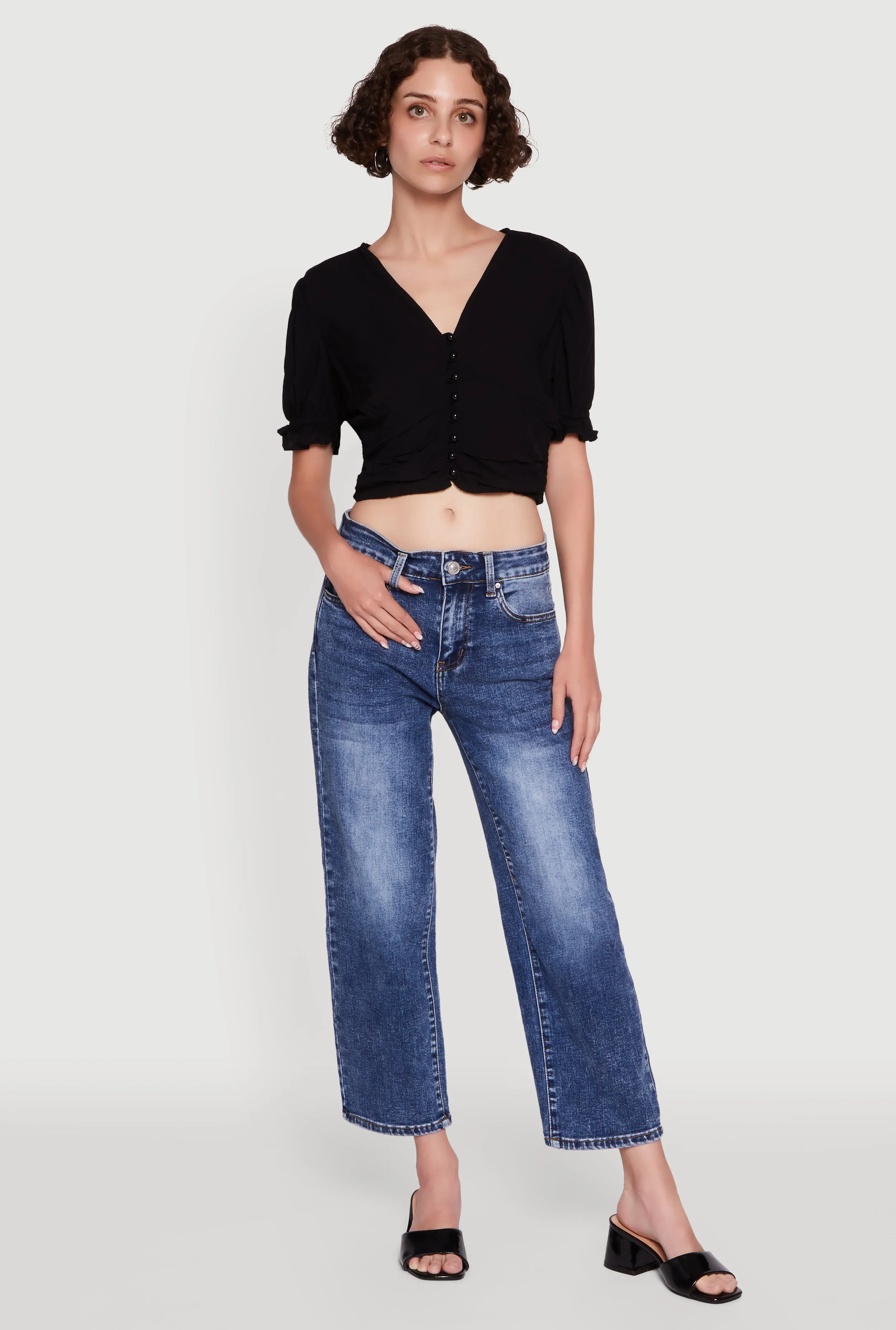 Trendy Puff Sleeve Button Front Peasant Crop Top sold by Rainbow