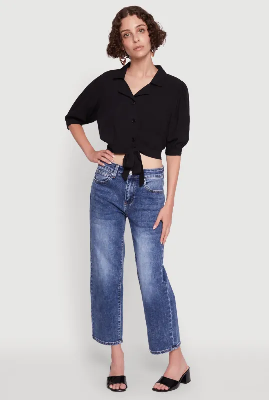 Tie Front Bubble Sleeve Cropped Blouse sold by Rainbow