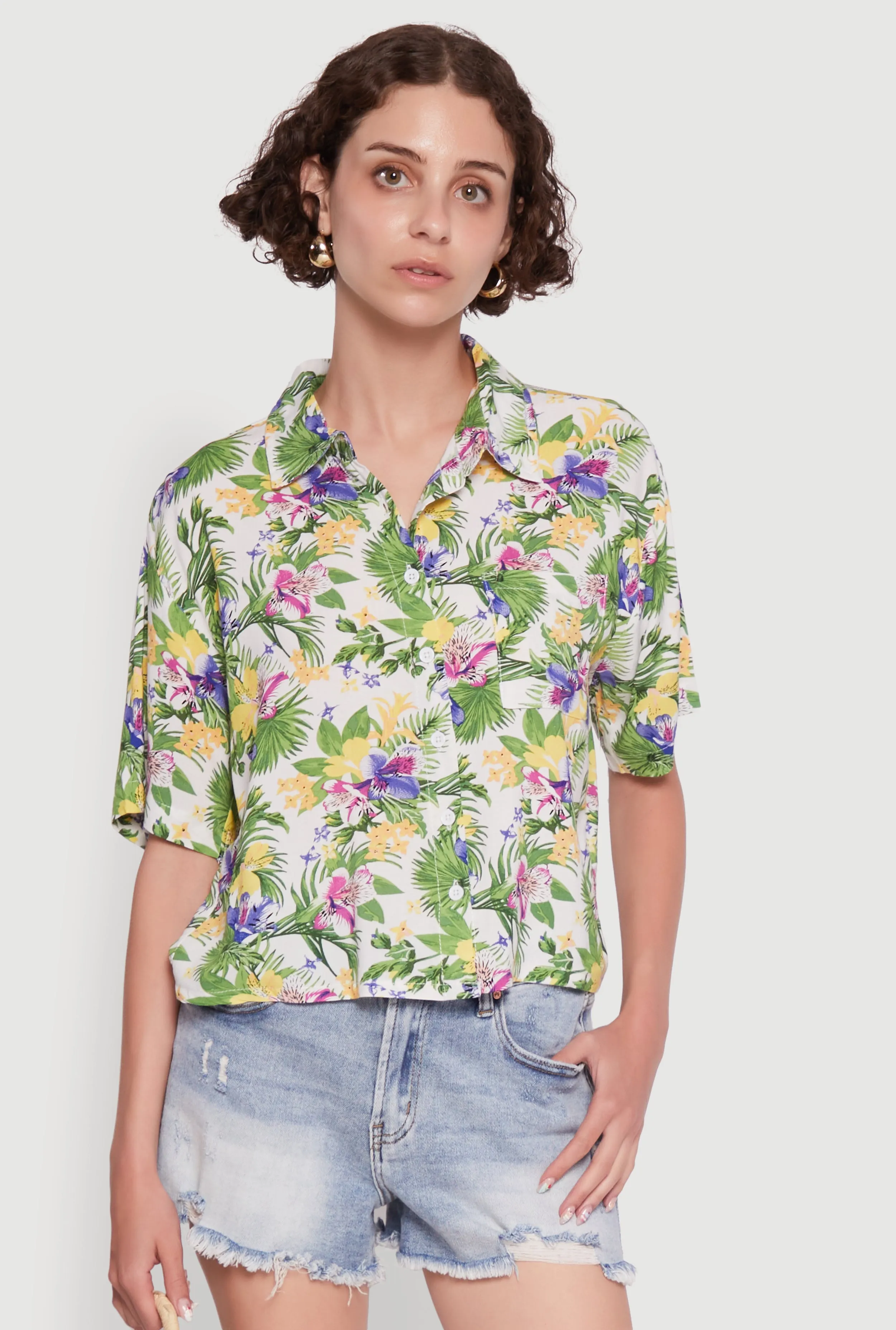 Trendy Tropical Floral Button Front Short Sleeve Shirt sold by Rainbow product image thumbnail 2