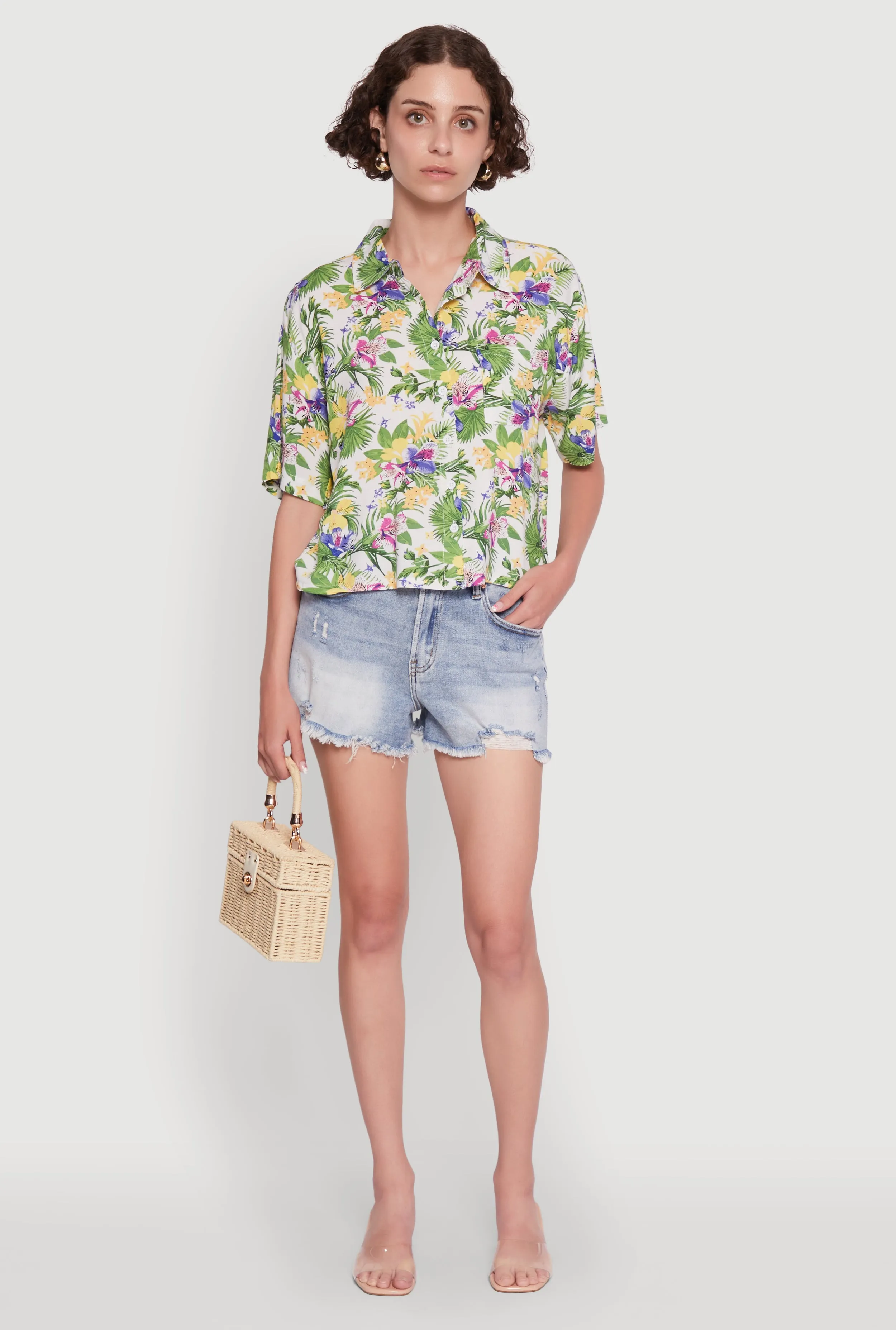 Trendy Tropical Floral Button Front Short Sleeve Shirt sold by Rainbow