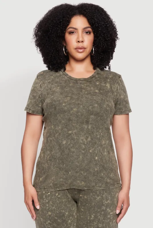 Plus Size Rib Knit Acid Wash Crew Neck Tee sold by Rainbow