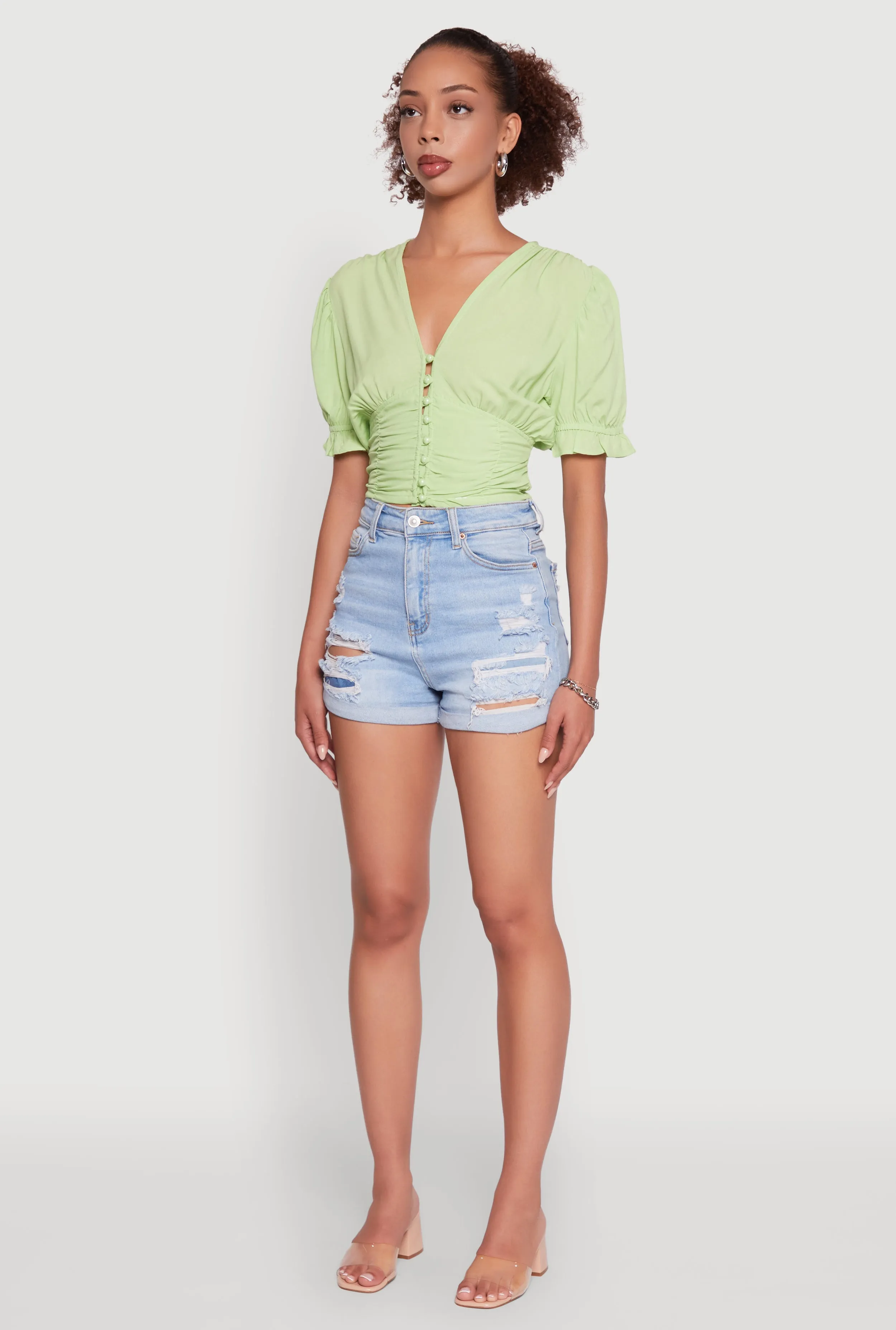 Trendy Puff Sleeve Button Front Peasant Crop Top sold by Rainbow product image thumbnail 5