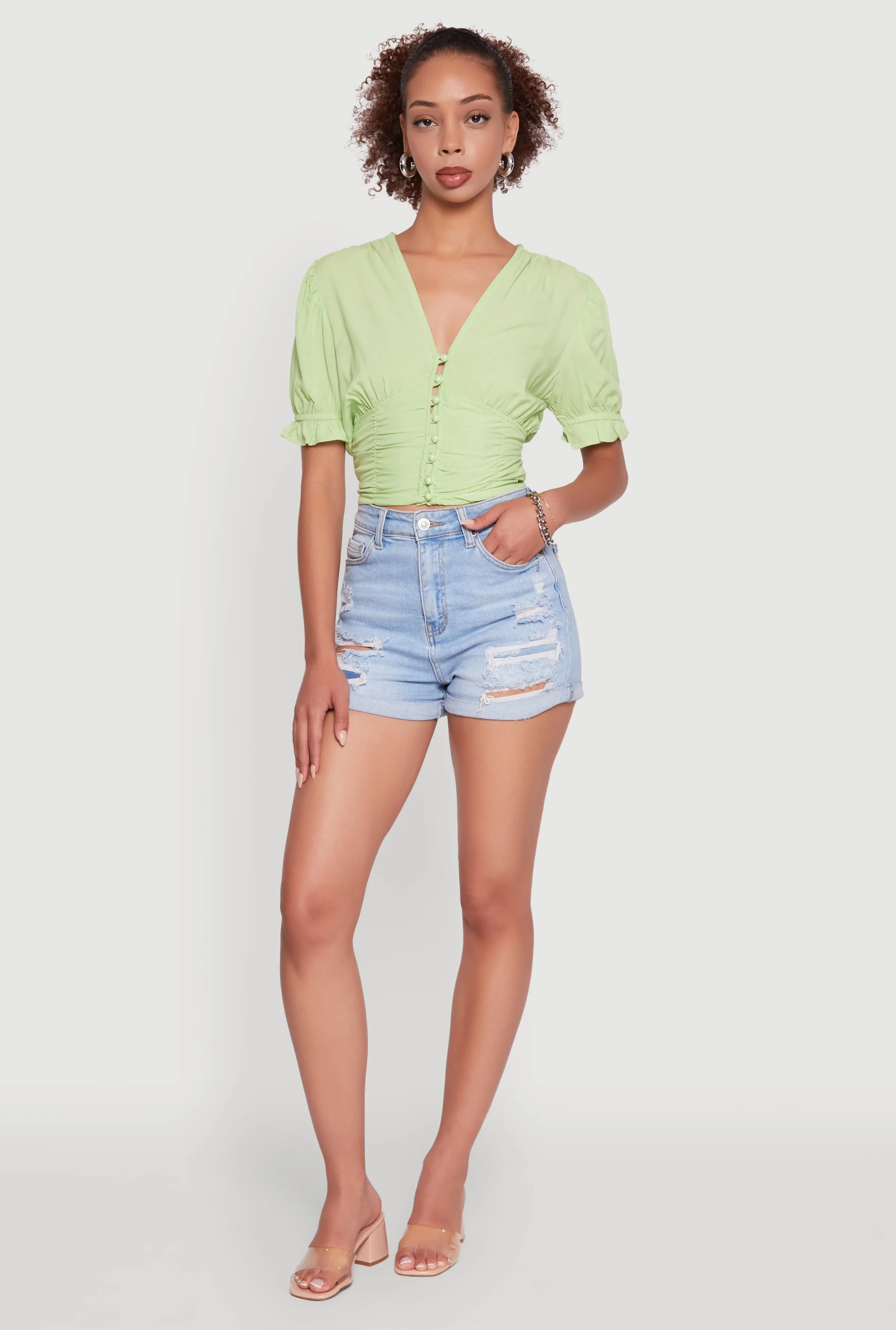 Trendy Puff Sleeve Button Front Peasant Crop Top sold by Rainbow
