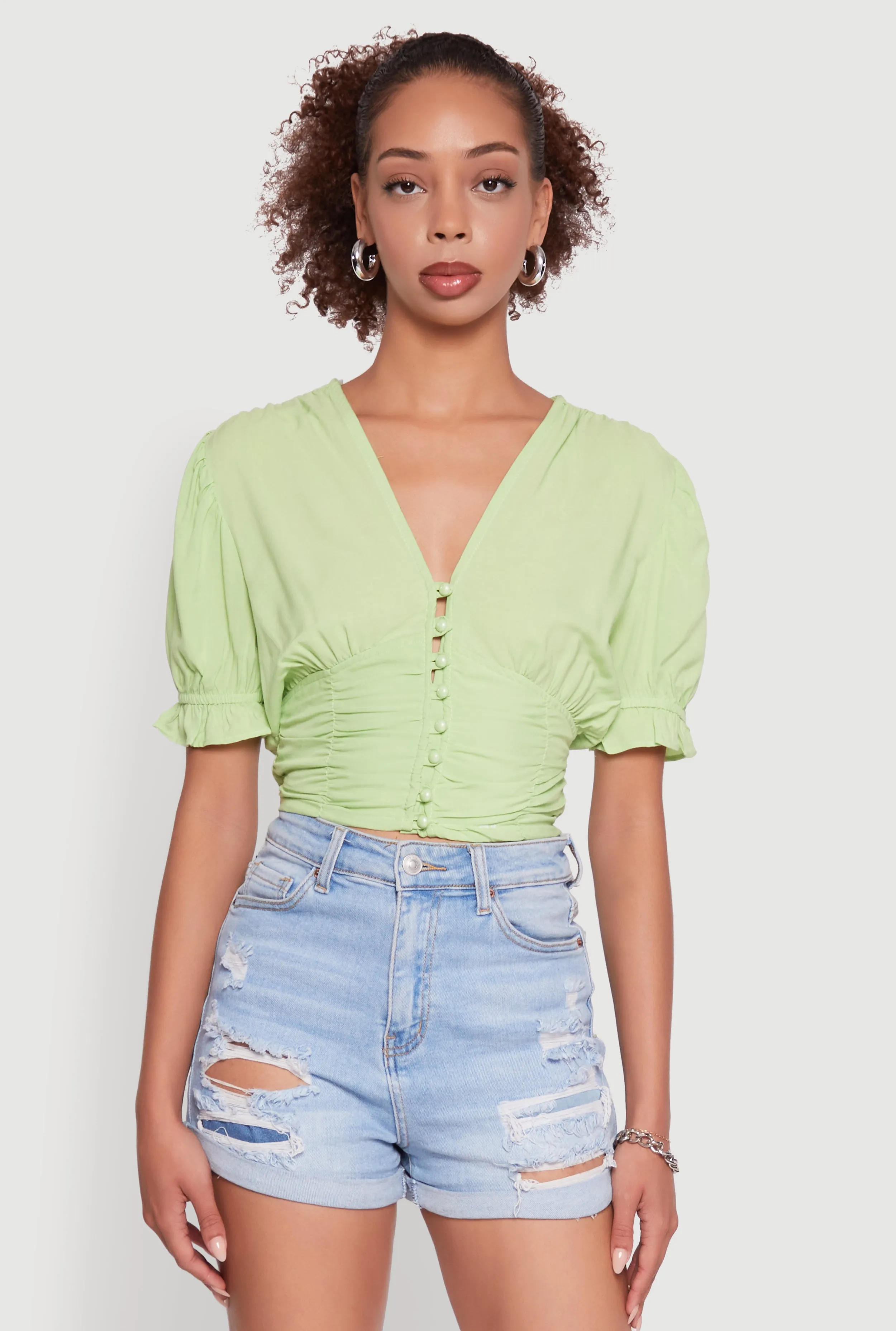 Trendy Puff Sleeve Button Front Peasant Crop Top sold by Rainbow product image thumbnail 2