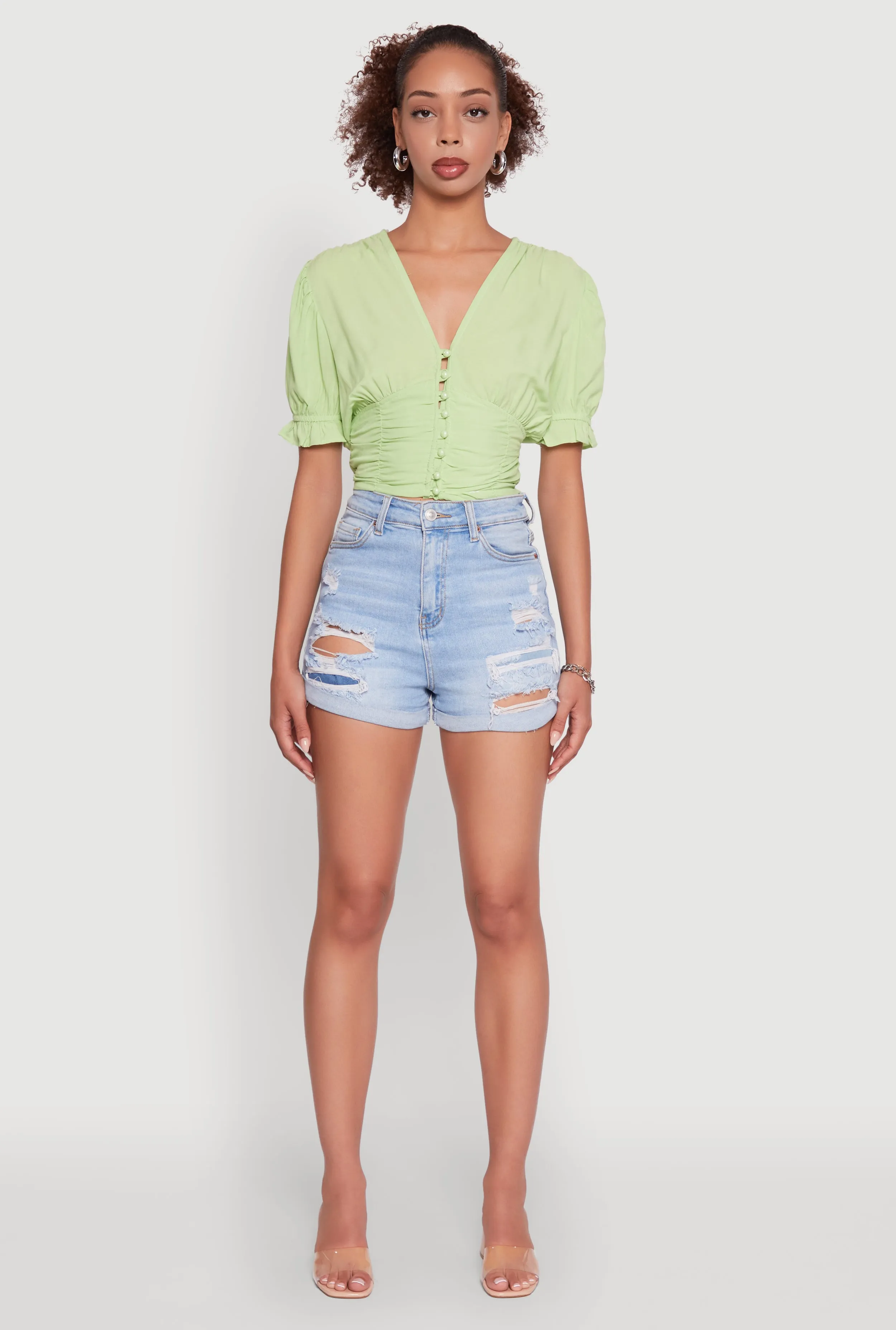 Trendy Puff Sleeve Button Front Peasant Crop Top sold by Rainbow product image thumbnail 3