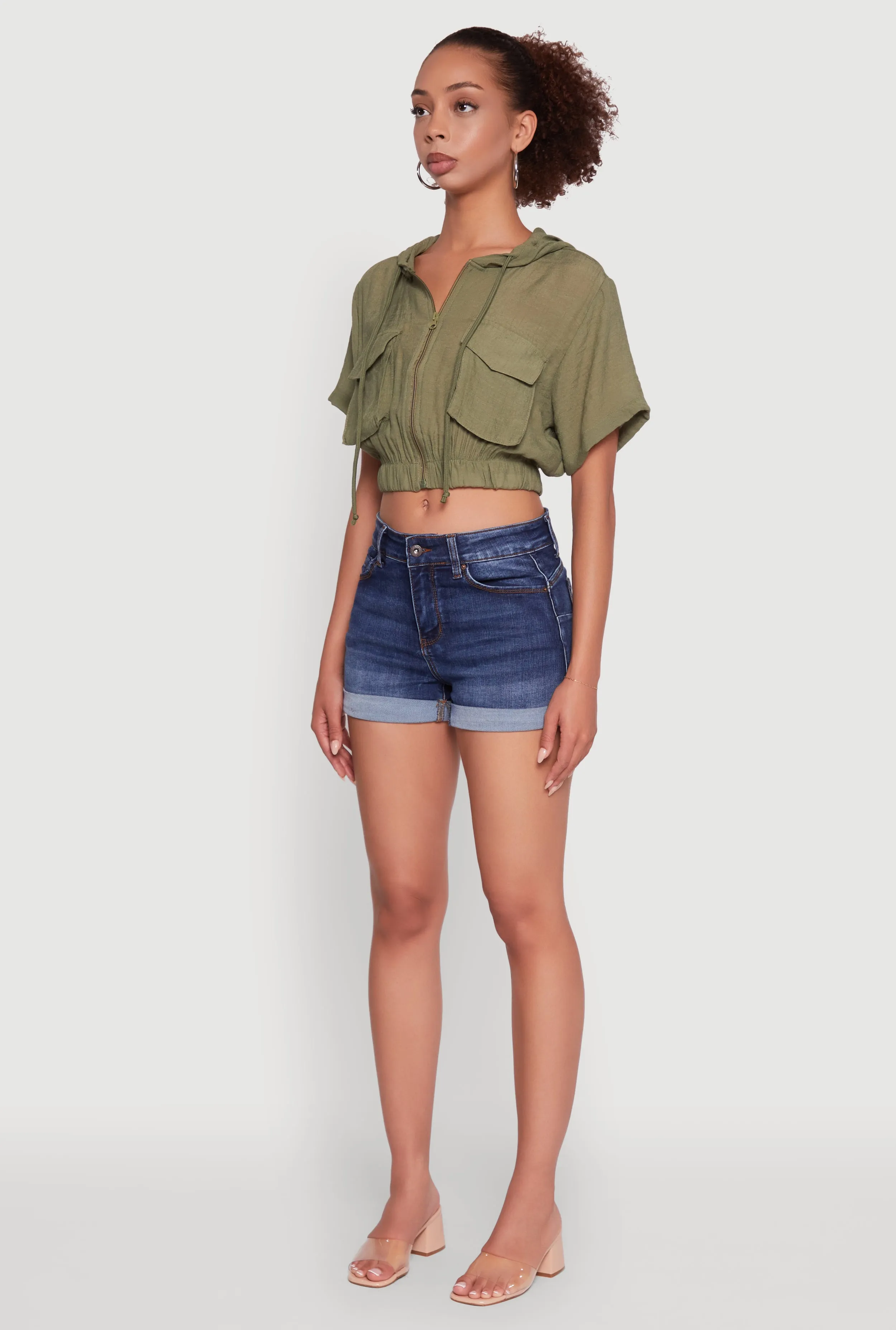 Trendy Cargo Pocket Zip Front Cropped Hoodie sold by Rainbow product image thumbnail 5