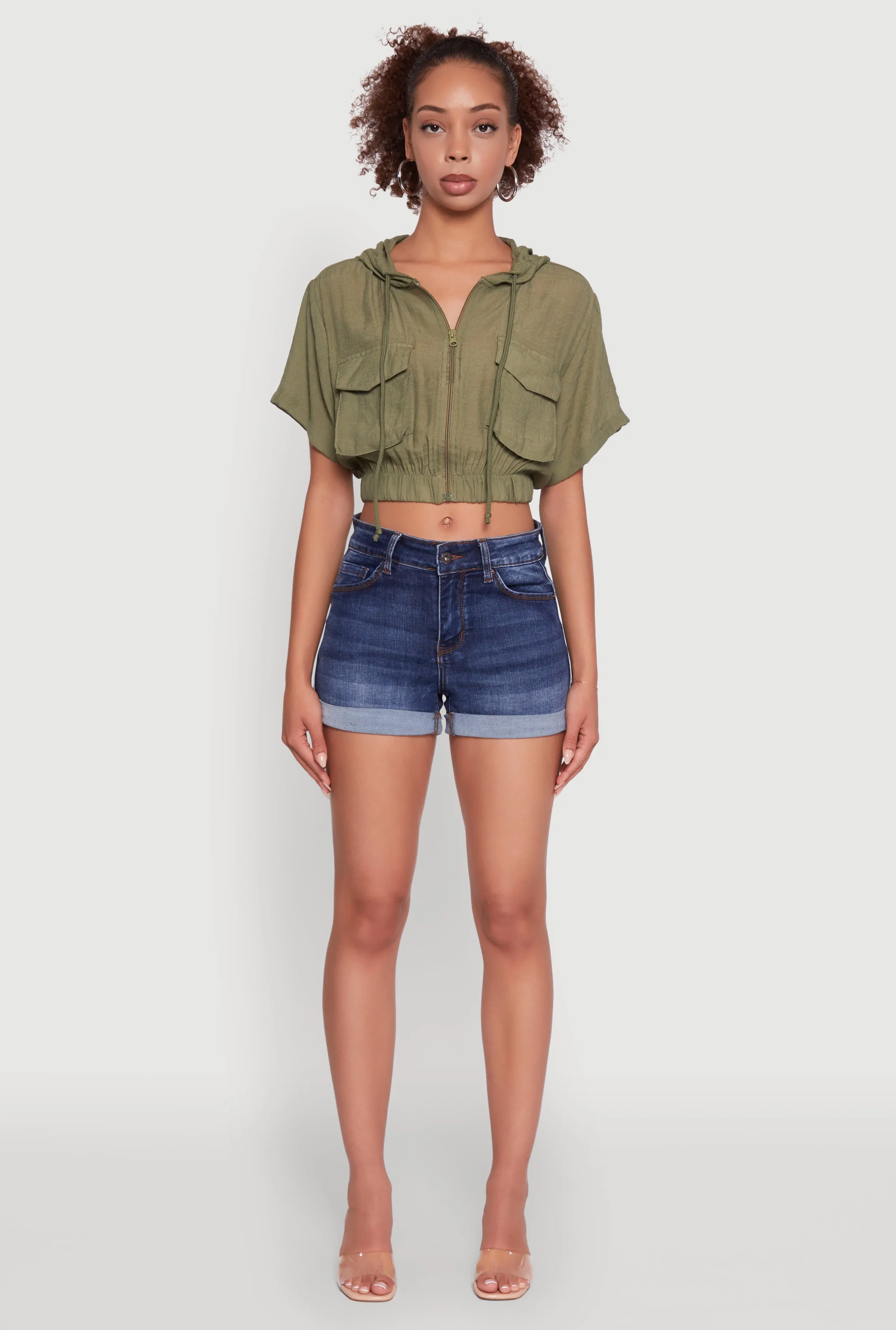 Trendy Cargo Pocket Zip Front Cropped Hoodie sold by Rainbow product image thumbnail 3