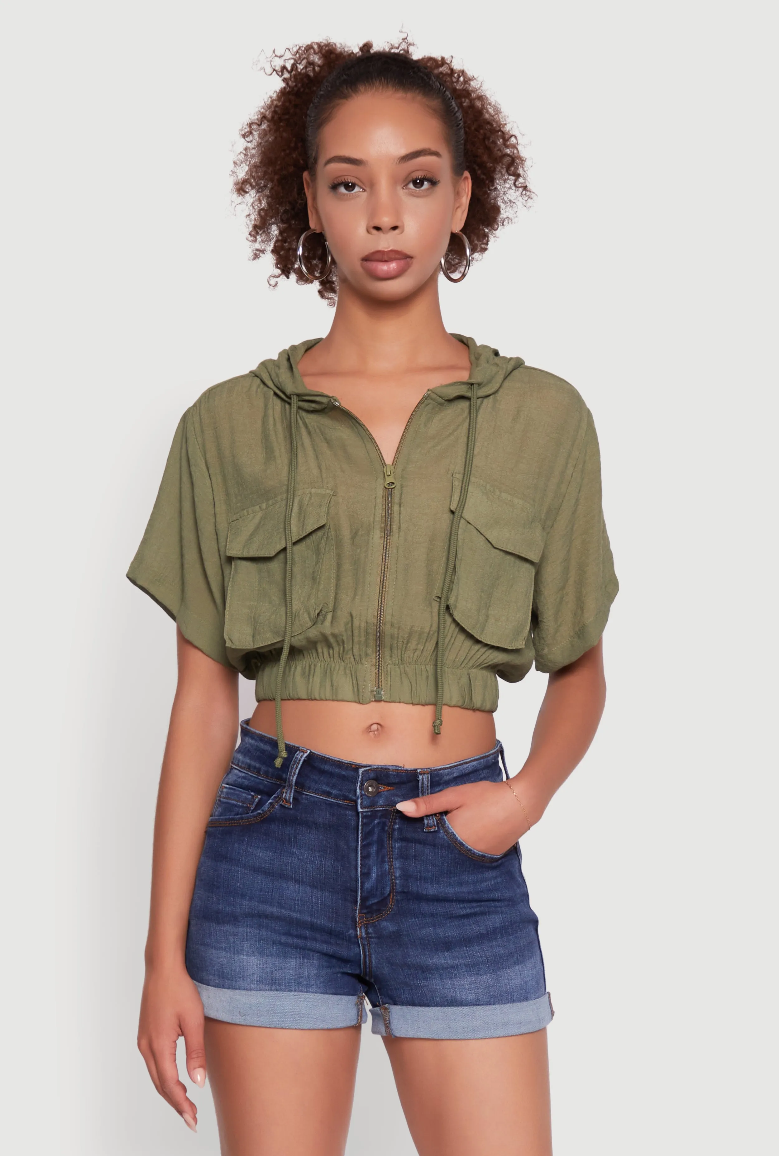 Trendy Cargo Pocket Zip Front Cropped Hoodie sold by Rainbow product image thumbnail 2