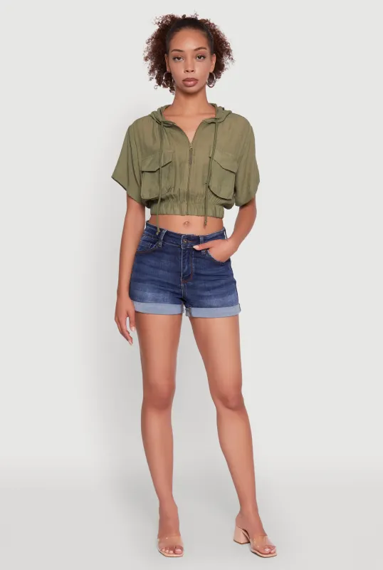 Trendy Cargo Pocket Zip Front Cropped Hoodie sold by Rainbow