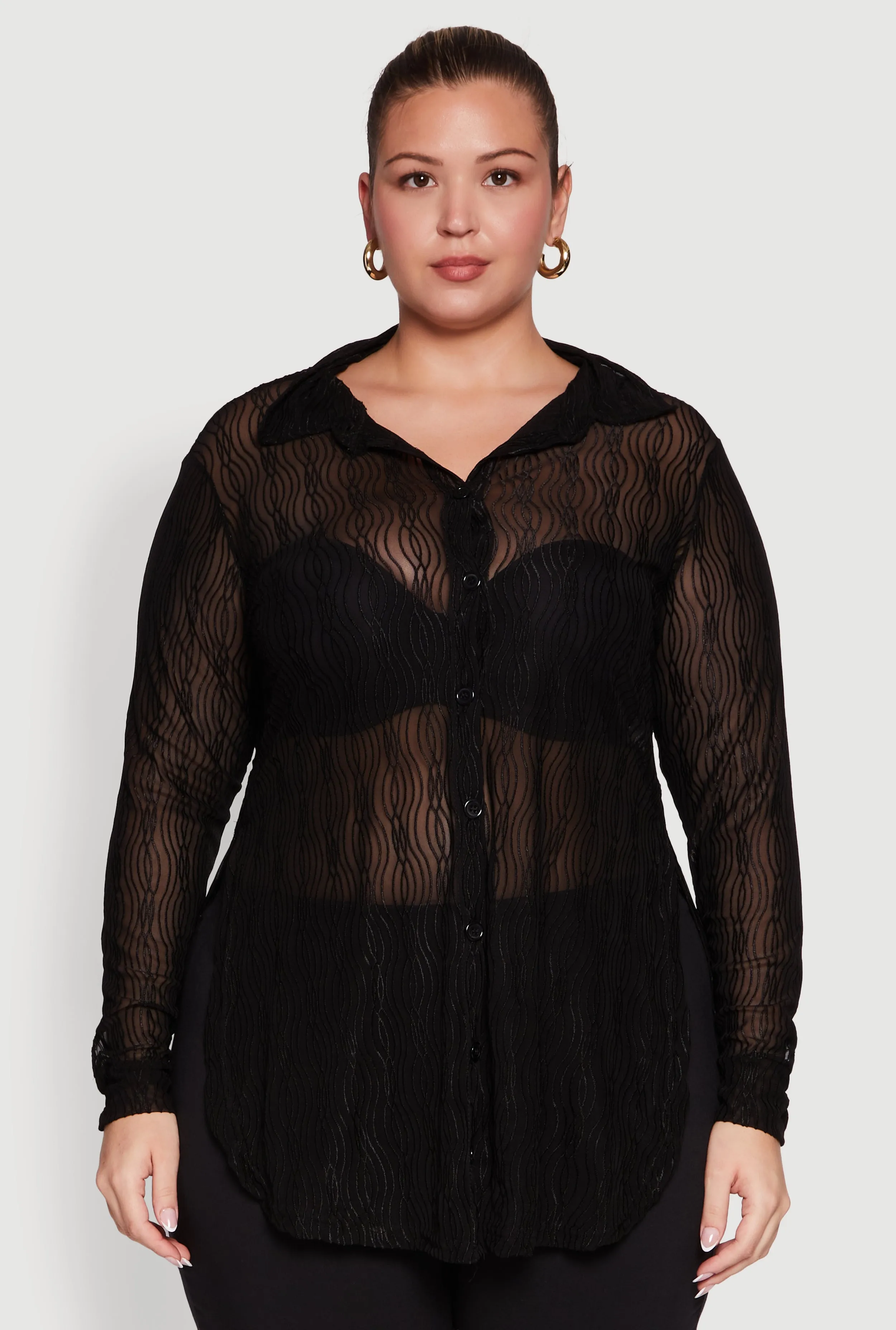 Plus Size Sheer Classic Fit Long Sleeve Tunic Shirt sold by Rainbow product image thumbnail 2