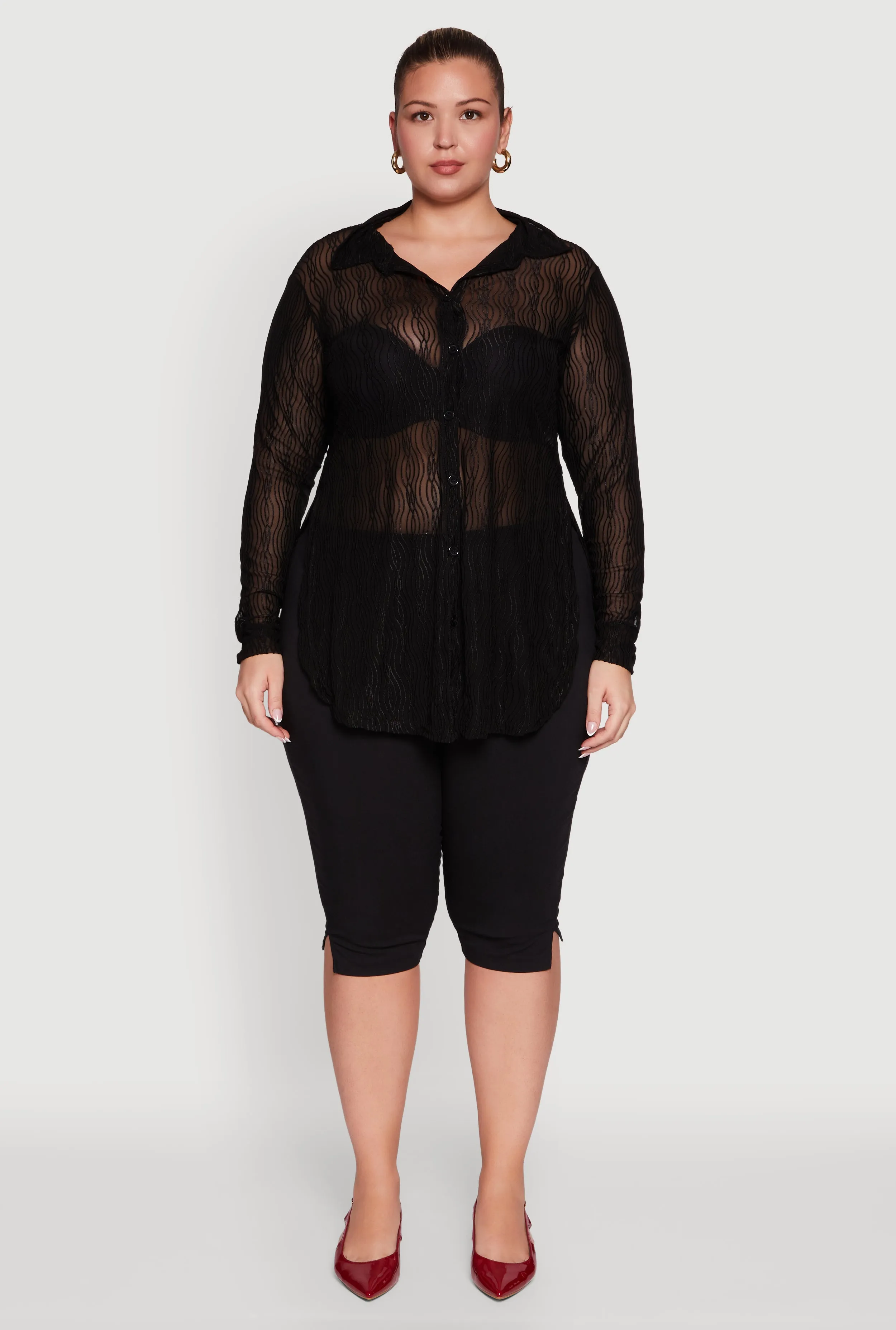 Plus Size Sheer Classic Fit Long Sleeve Tunic Shirt sold by Rainbow product image thumbnail 3