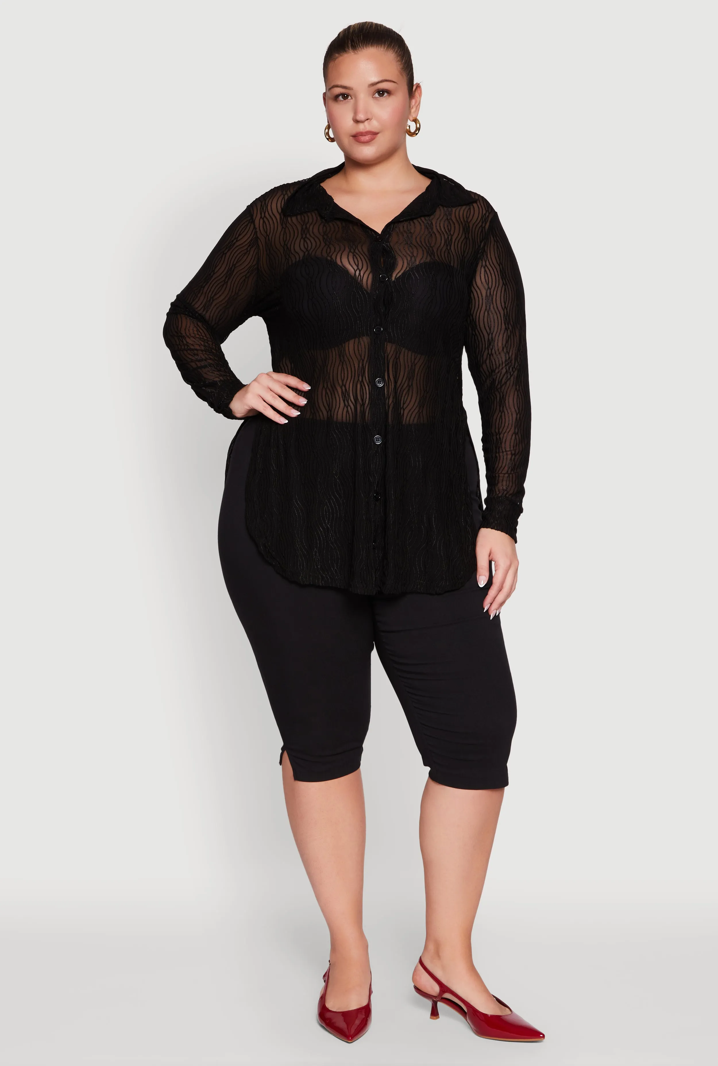 Plus Size Sheer Classic Fit Long Sleeve Tunic Shirt sold by Rainbow