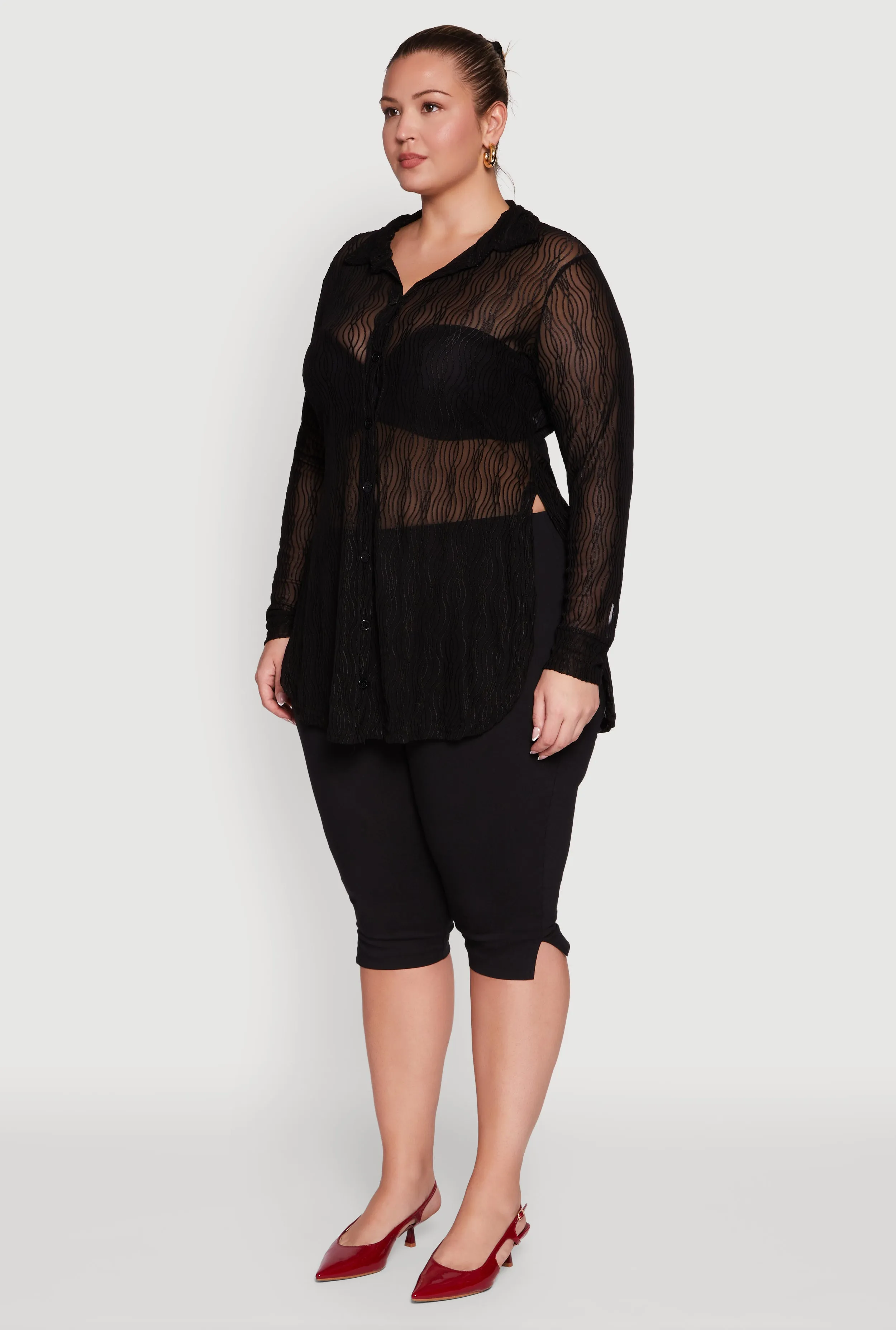 Plus Size Sheer Classic Fit Long Sleeve Tunic Shirt sold by Rainbow product image thumbnail 5