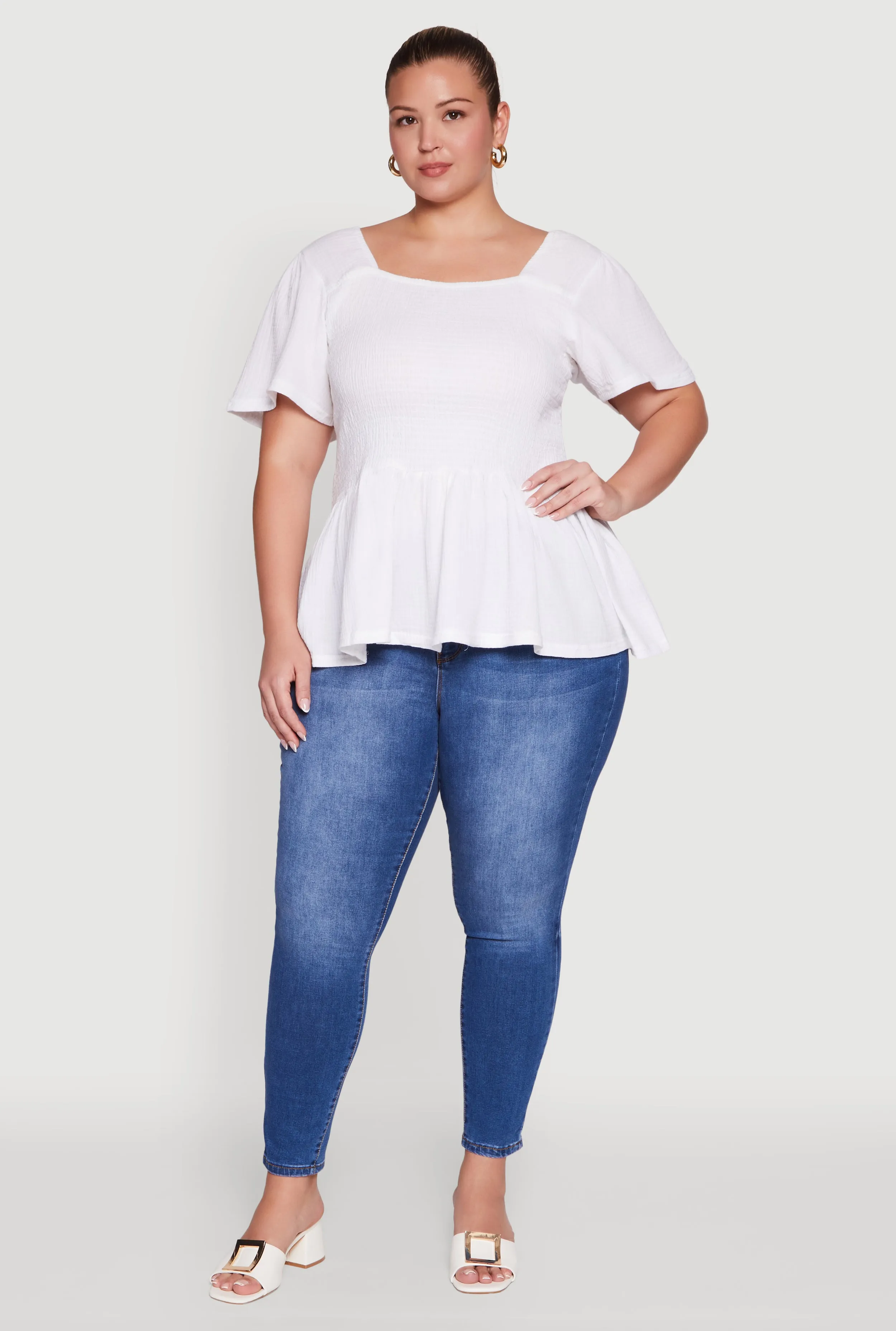 Plus Size Smocked Square Neck Peplum Top sold by Rainbow