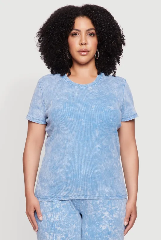 Plus Size Rib Knit Acid Wash Crew Neck Tee sold by Rainbow