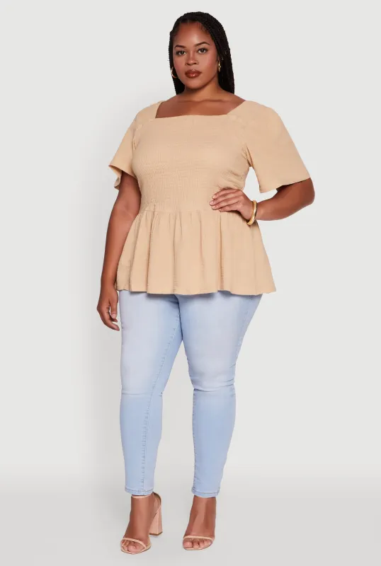 Plus Size Smocked Square Neck Peplum Top sold by Rainbow