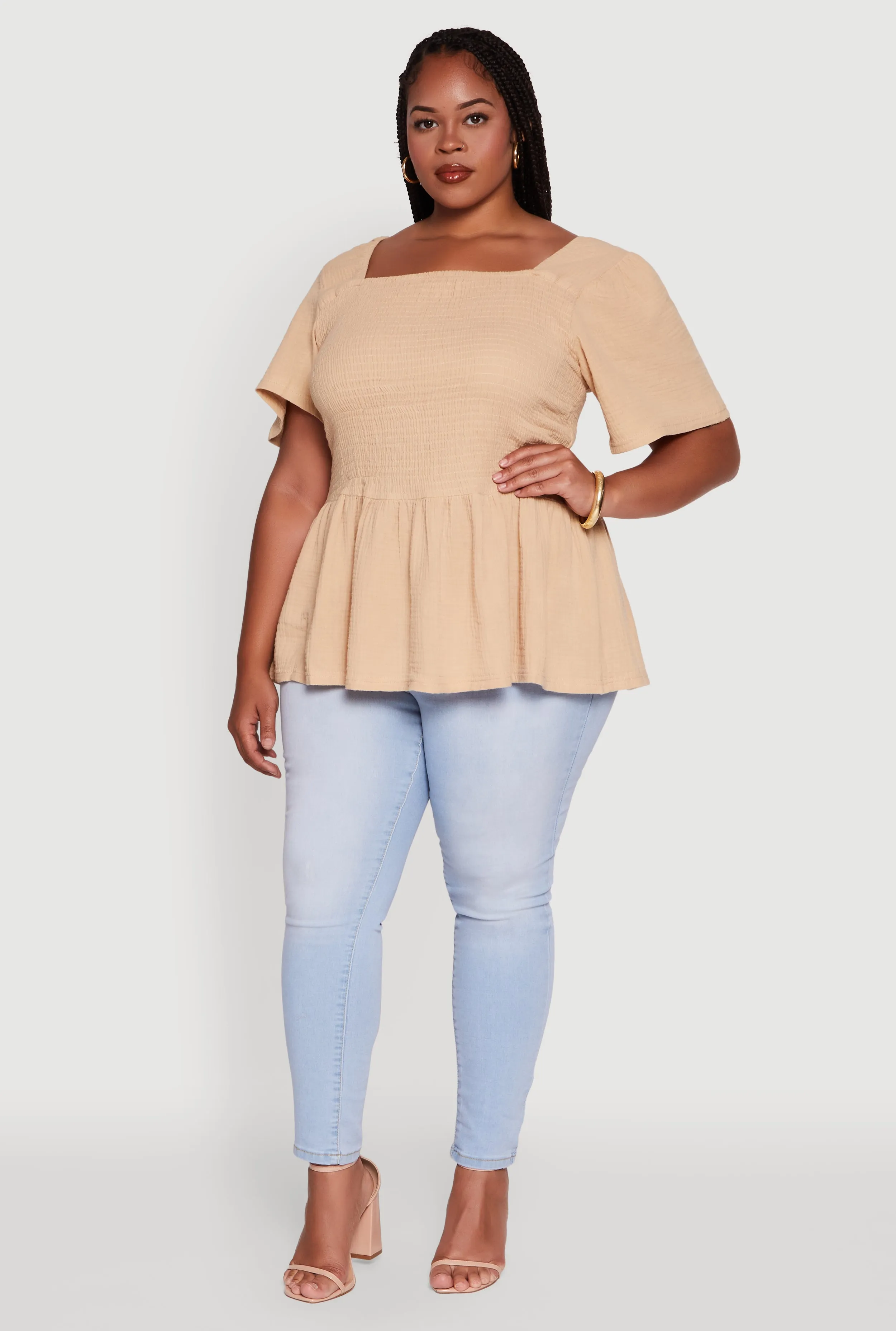 Plus Size Smocked Square Neck Peplum Top sold by Rainbow
