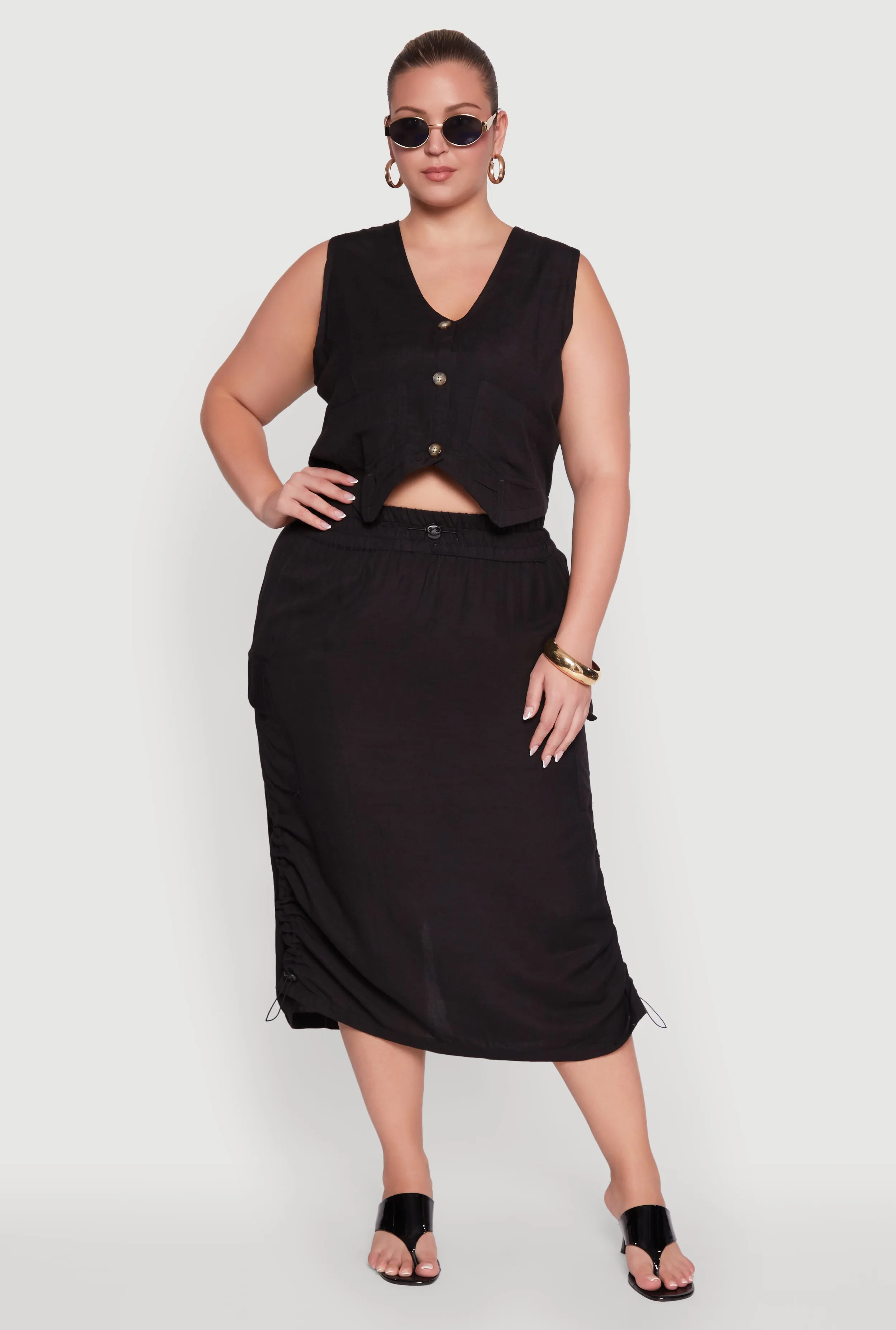 Plus Size High Waisted Toggle Drawstring Hem Linen Skirt with Ruching sold by Rainbow