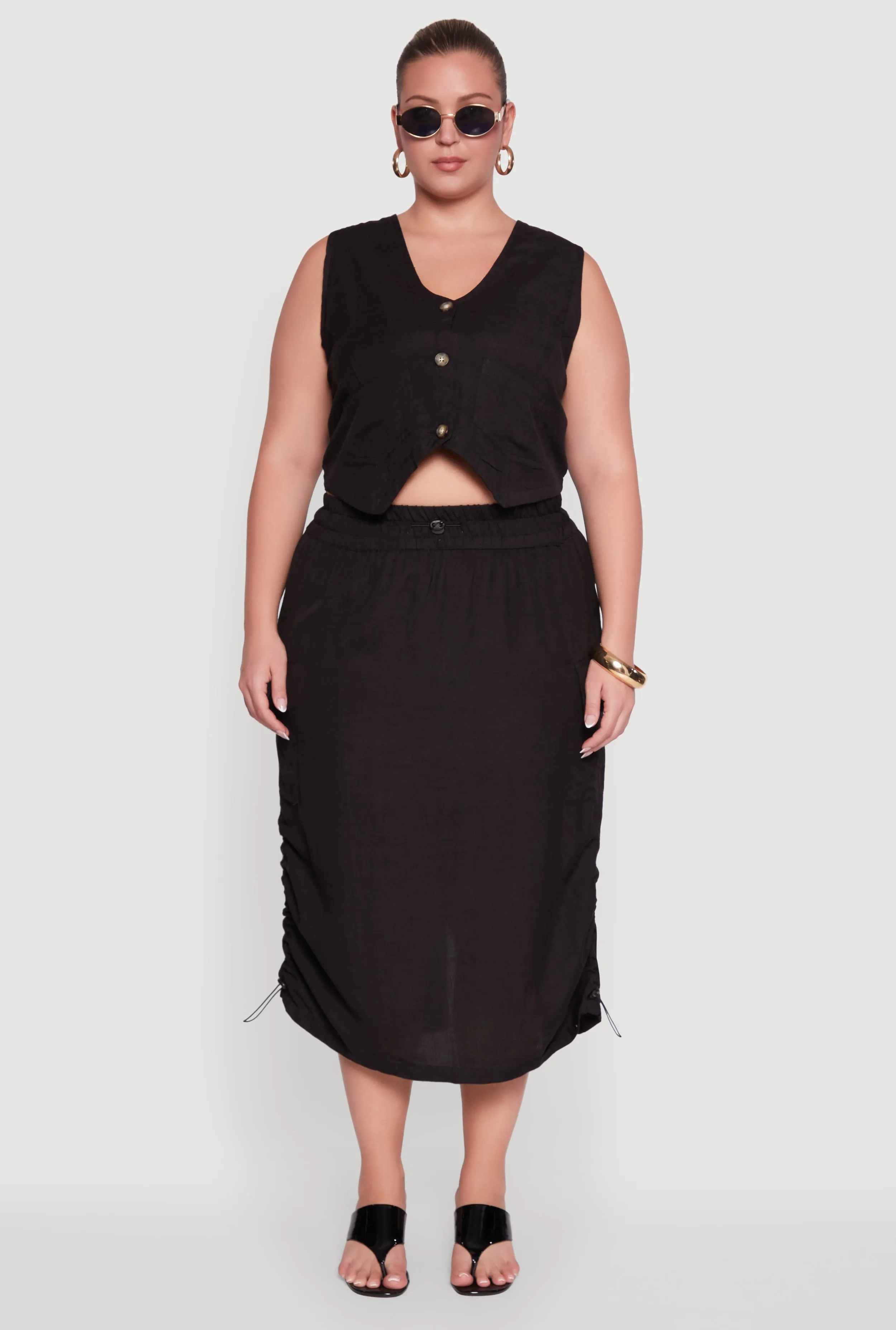 Plus Size High Waisted Toggle Drawstring Hem Linen Skirt with Ruching sold by Rainbow product image thumbnail 2