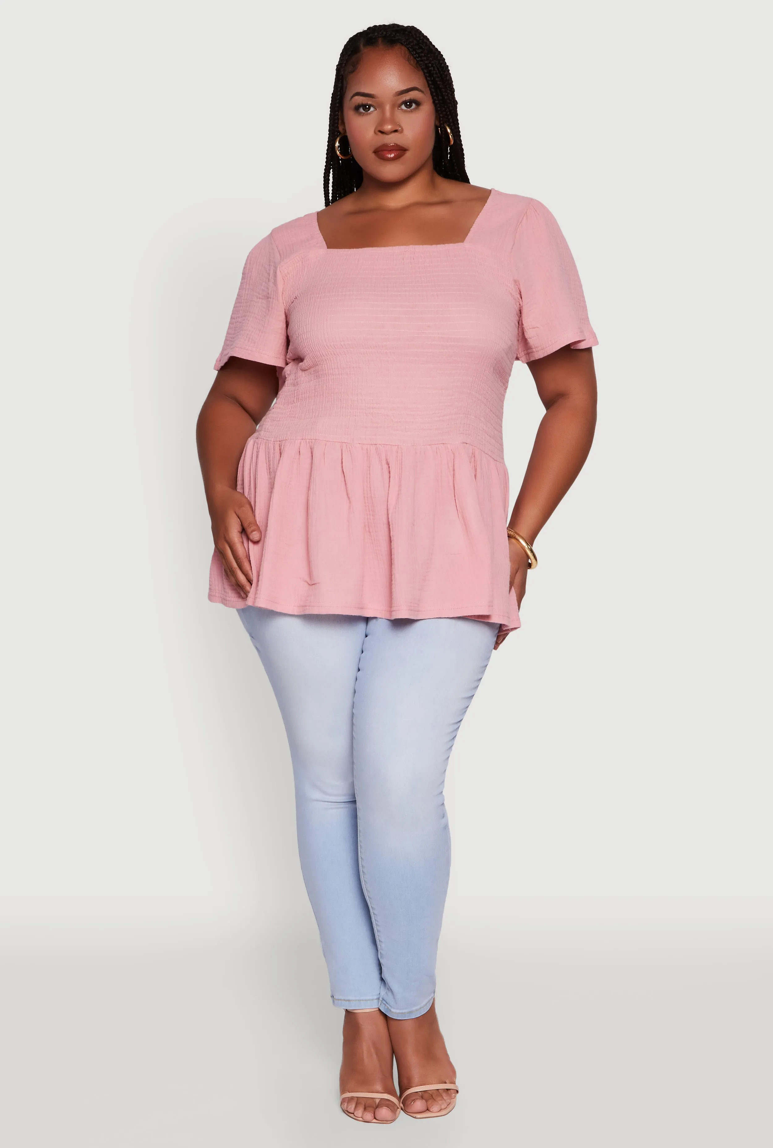 Plus Size Smocked Square Neck Peplum Top sold by Rainbow