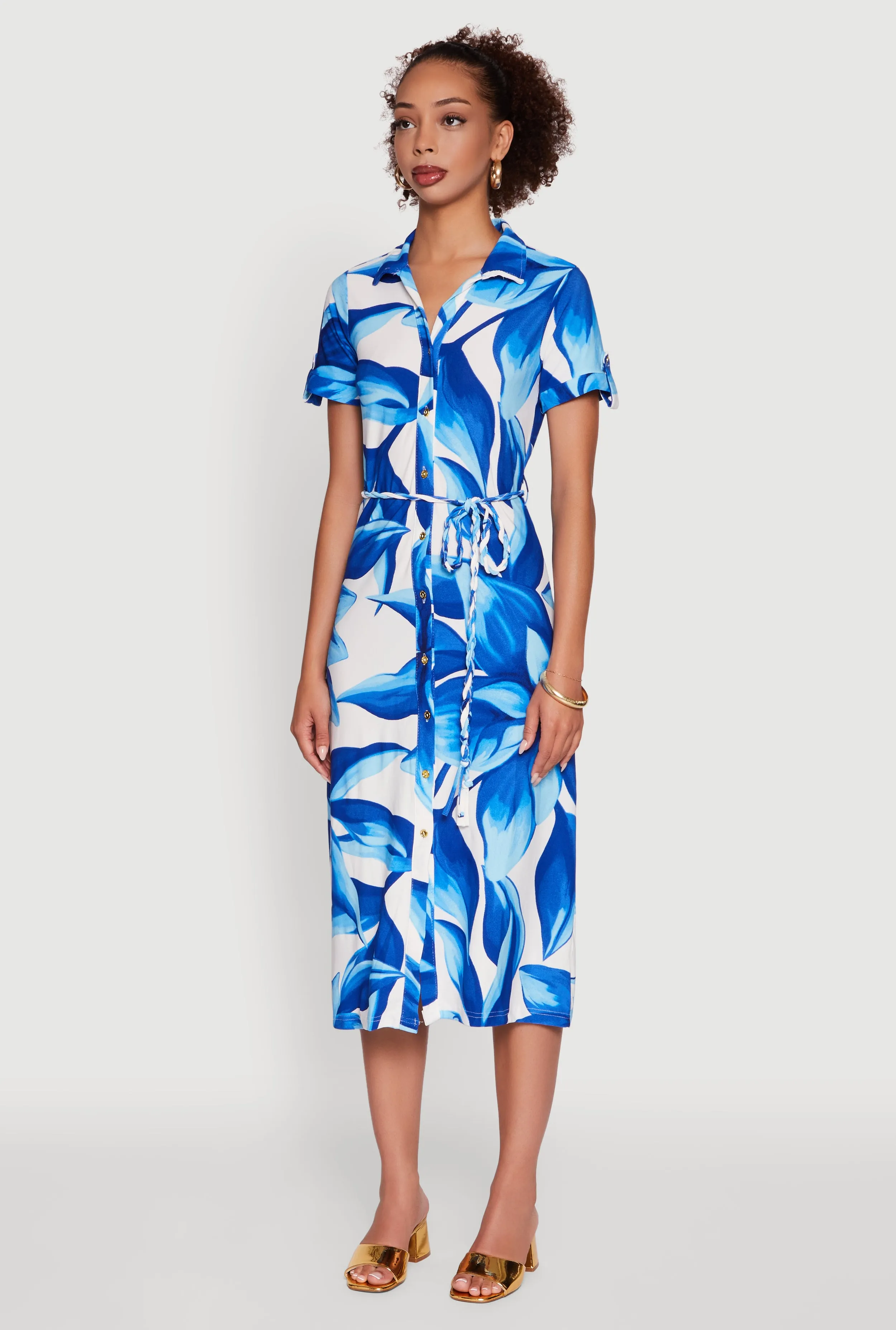 Leaf Print Button Front Shirt Dress with Tie Waist Belt sold by Rainbow product image thumbnail 3