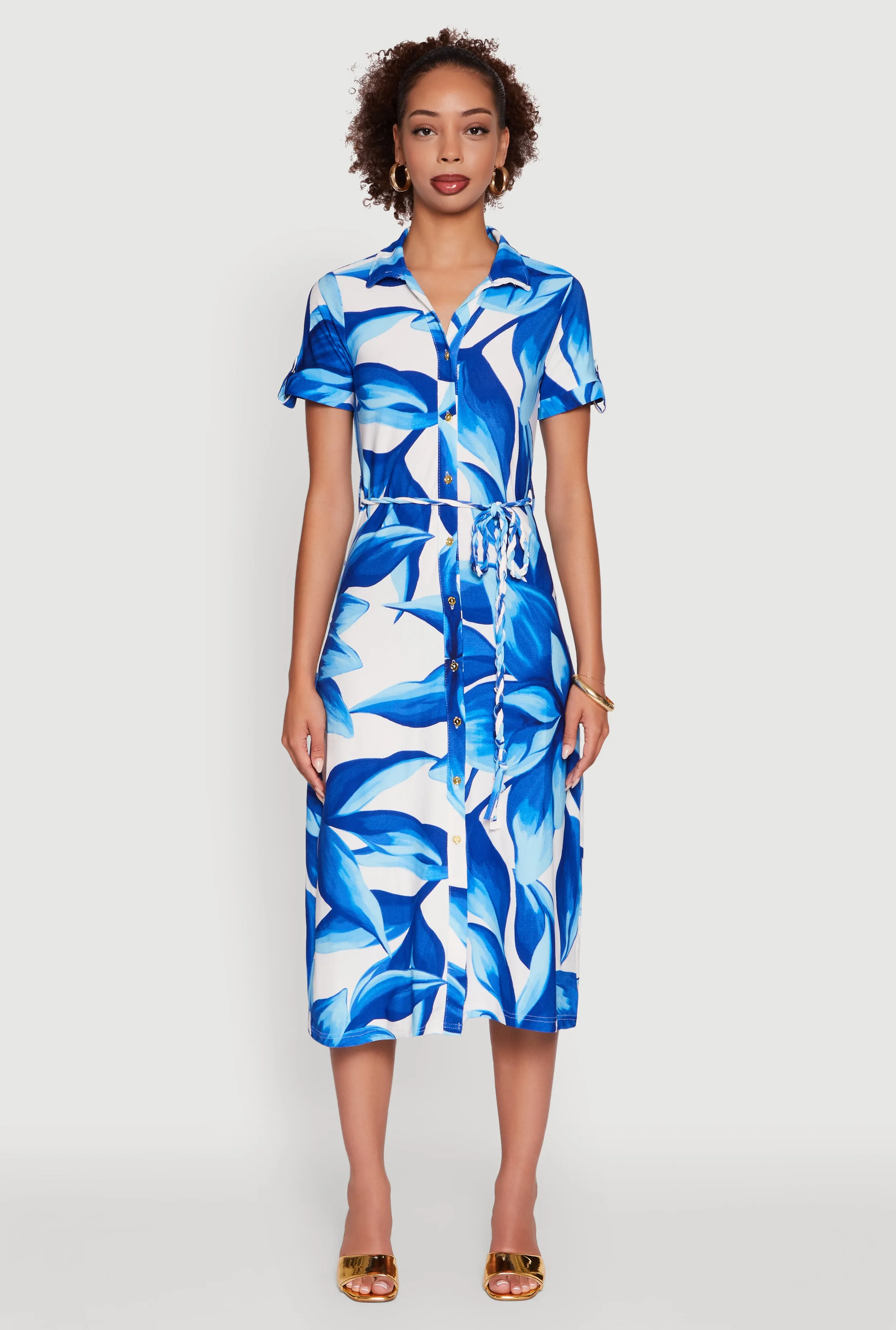 Leaf Print Button Front Shirt Dress with Tie Waist Belt sold by Rainbow product image thumbnail 2