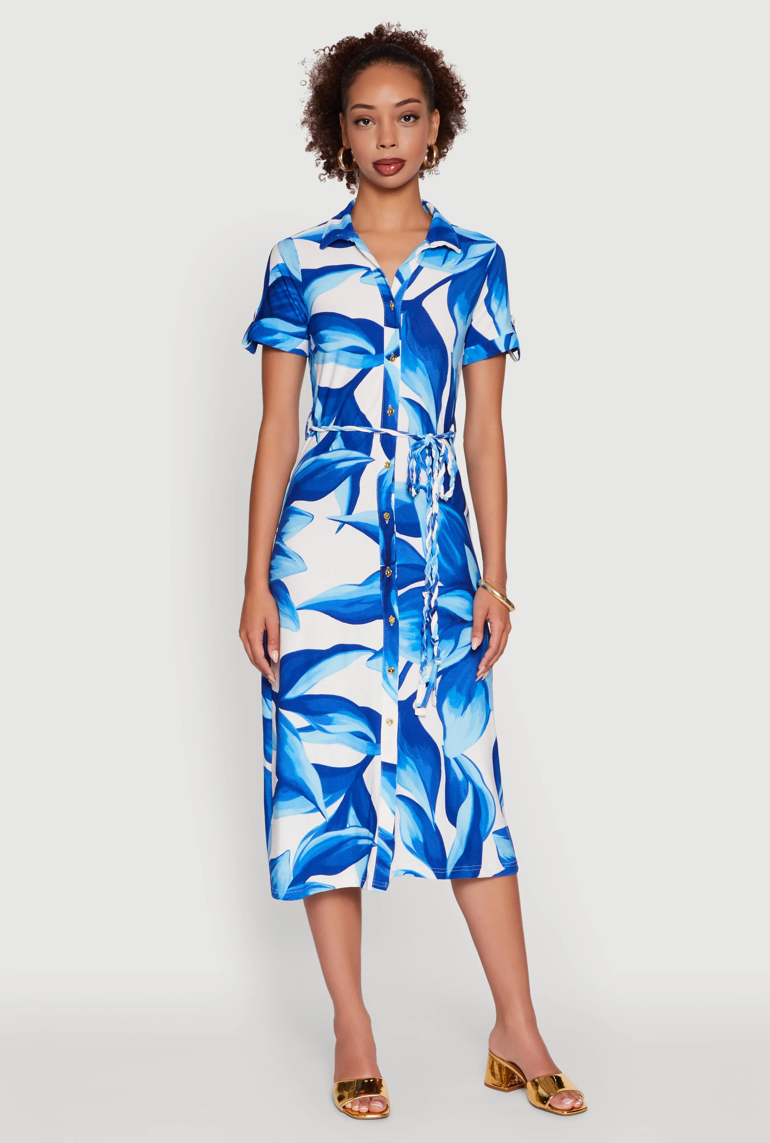 Leaf Print Button Front Shirt Dress with Tie Waist Belt sold by Rainbow