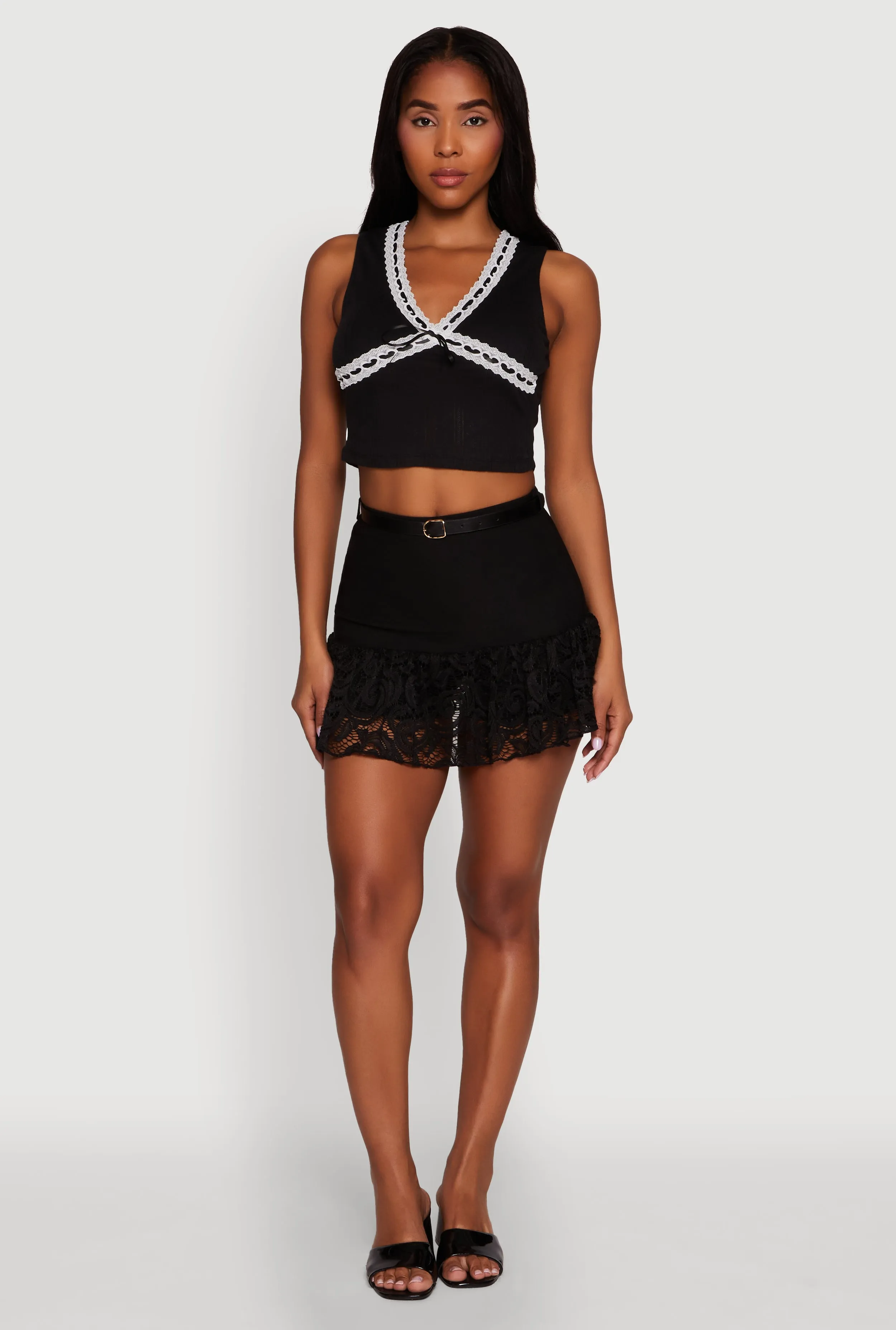 Lace Hem Belted Lined Mini Skirt sold by Rainbow
